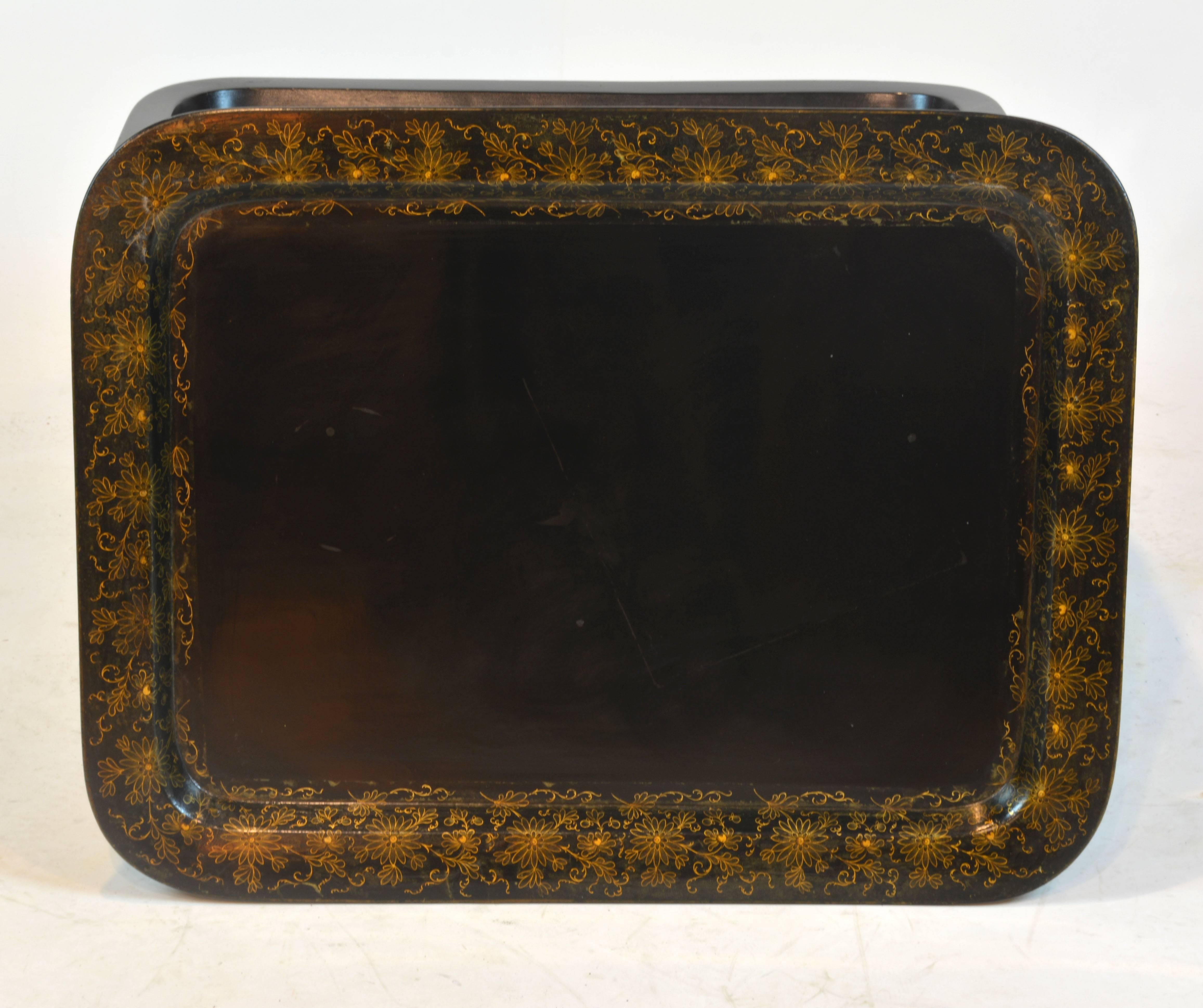 20th Century Expandable English Regency Style Faux Bamboo Black Lacquer and Gilt Tray Table