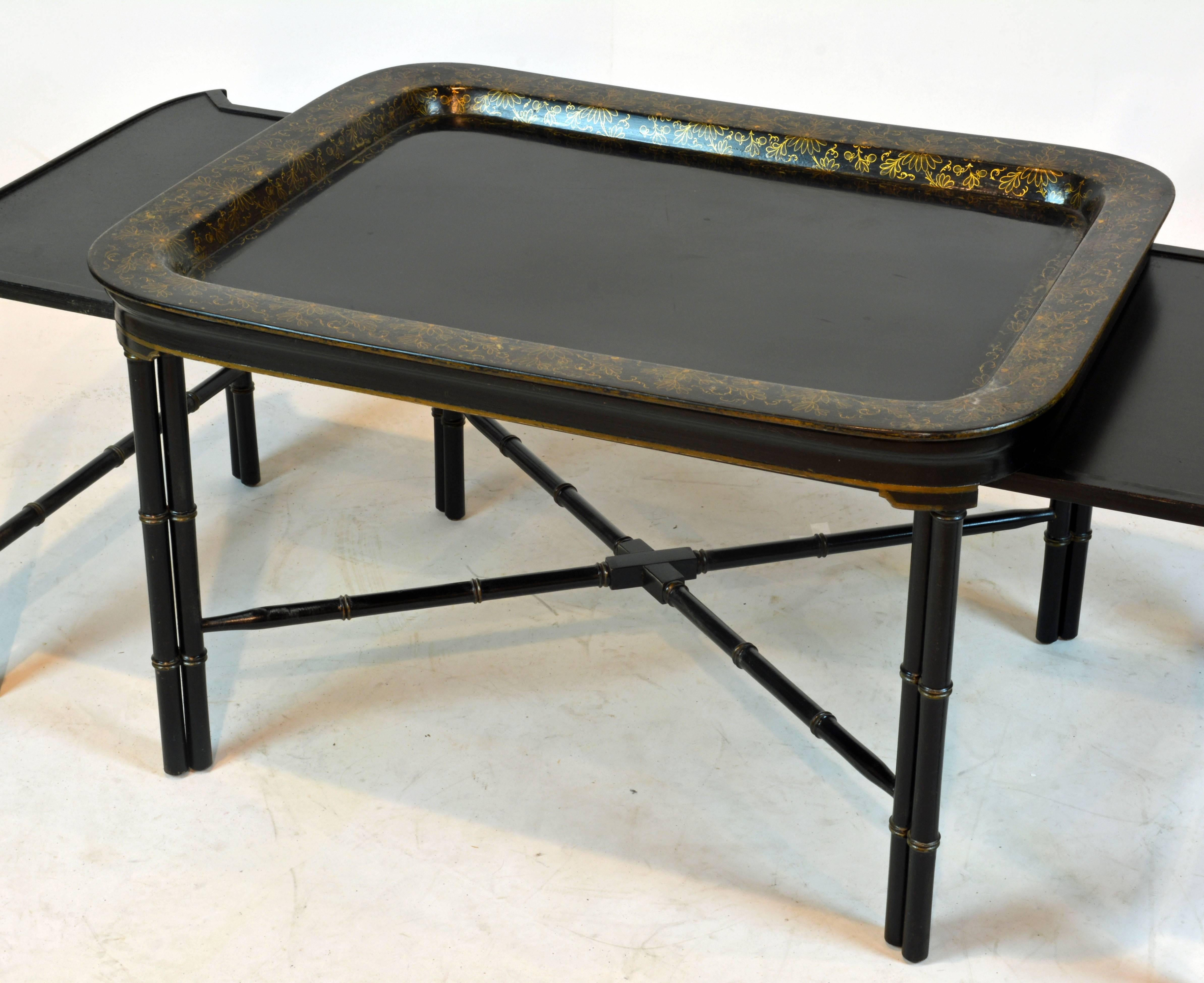 Ebonized Expandable English Regency Style Faux Bamboo Black Lacquer and Gilt Tray Table