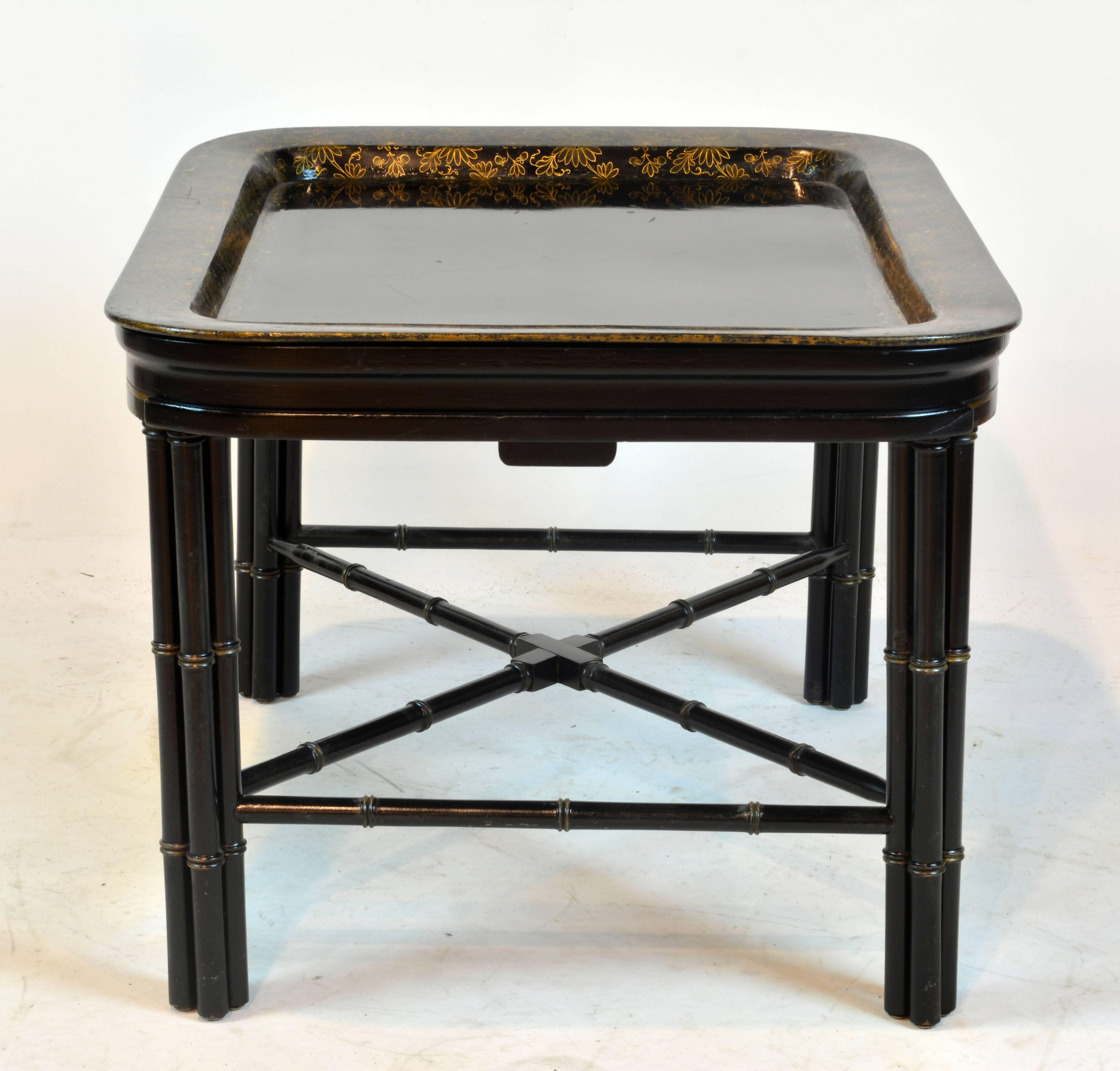 Expandable English Regency Style Faux Bamboo Black Lacquer and Gilt Tray Table 1