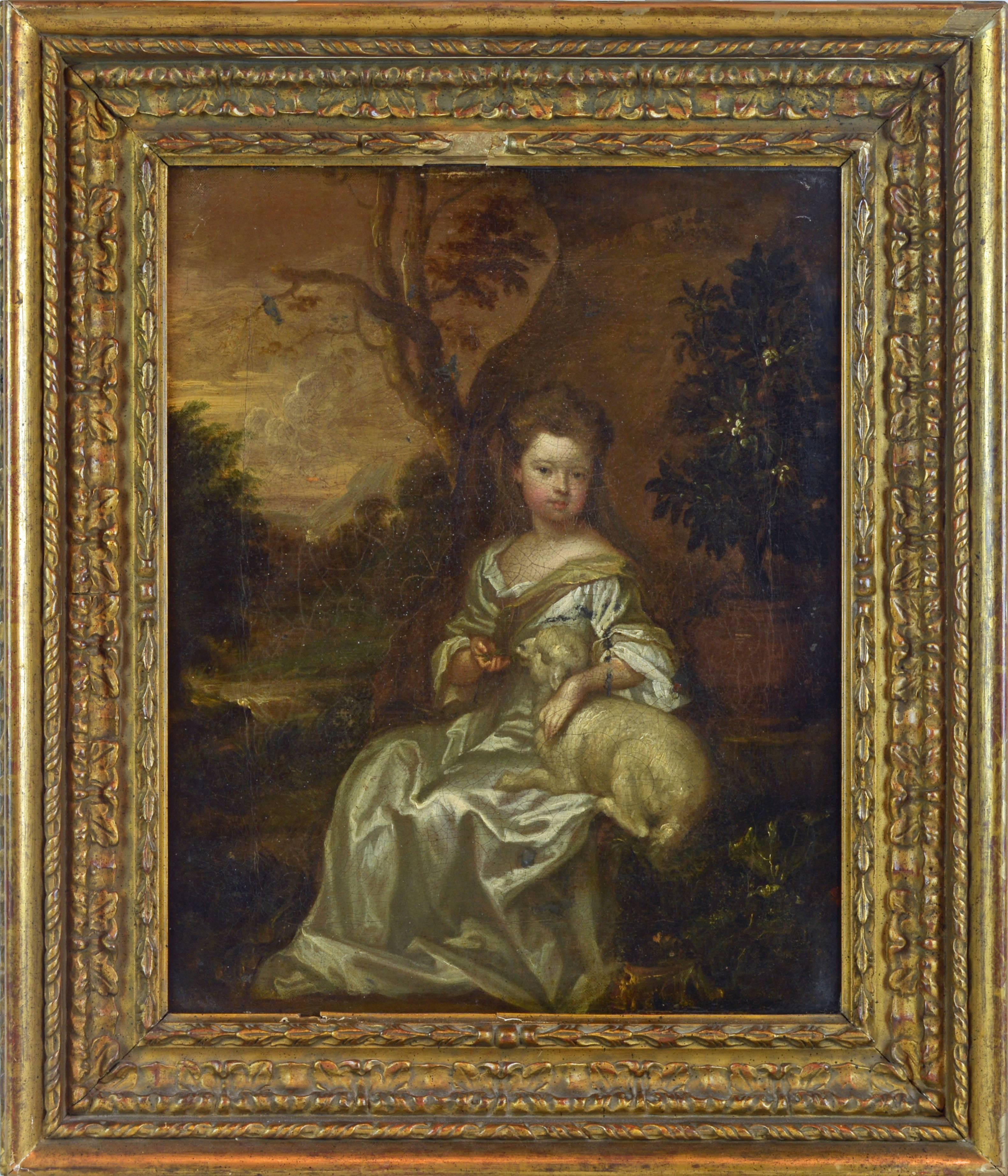 This charming Old Master painting features a young girl, of noble or royal descendance, wearing a silk garment and sash, seated in a romantic landscape offering treats to a little lamb resting in her lap, in the background a blooming tree and a
