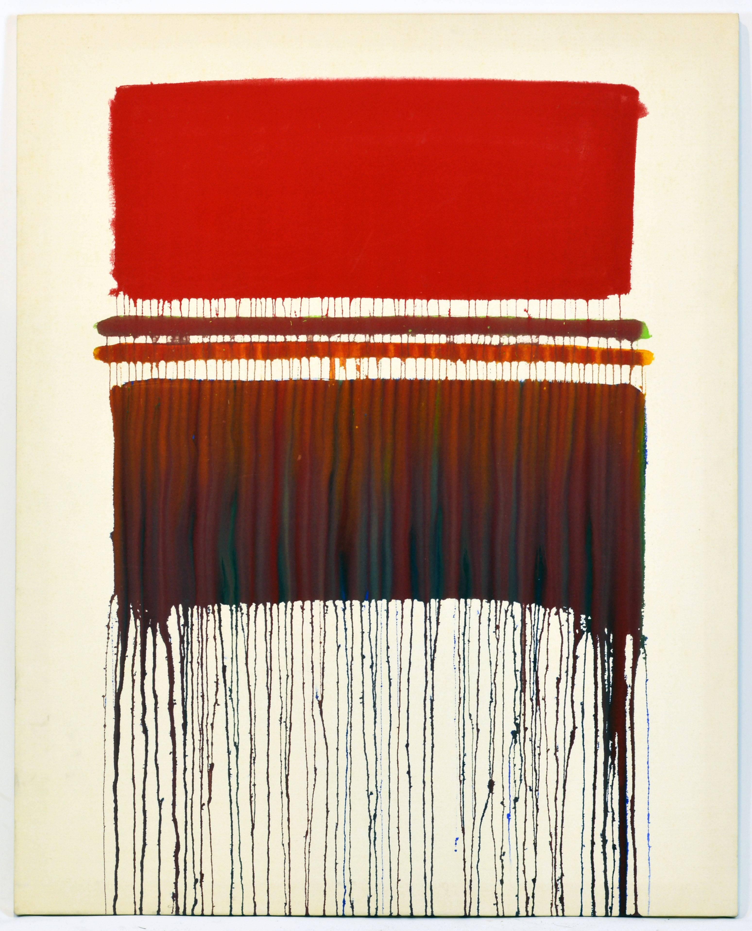 This large Mid-Century Modern abstract of stunning color and texture bears the gallery label of the distinguished Medici-Berenson Gallery in Bay Harbor Islands (North of Miami). It is unframed with the canvas gallery wrapped, 4 x 5'.