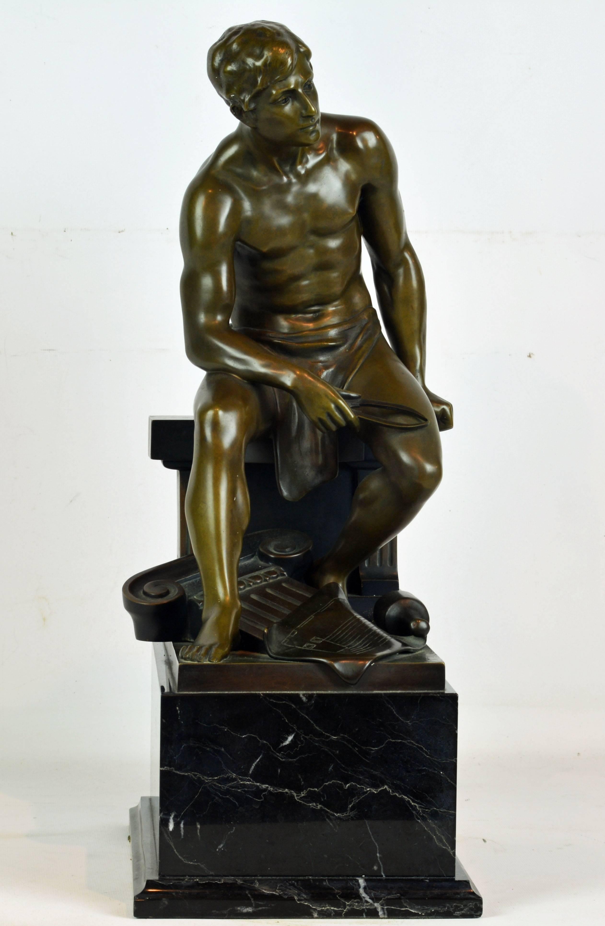 Modeled and signed by the German sculptor Hans Keck (active 1900-1922) this impressive bronze figure, standing 20 inches tall, represents a well built young man wearing a loin cloth sitting on a stone ledge with a contemplative expression surrounded