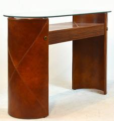 Vintage Mid-Century Modern Design Two-Tier Glass Top Leather-Clad Console Table