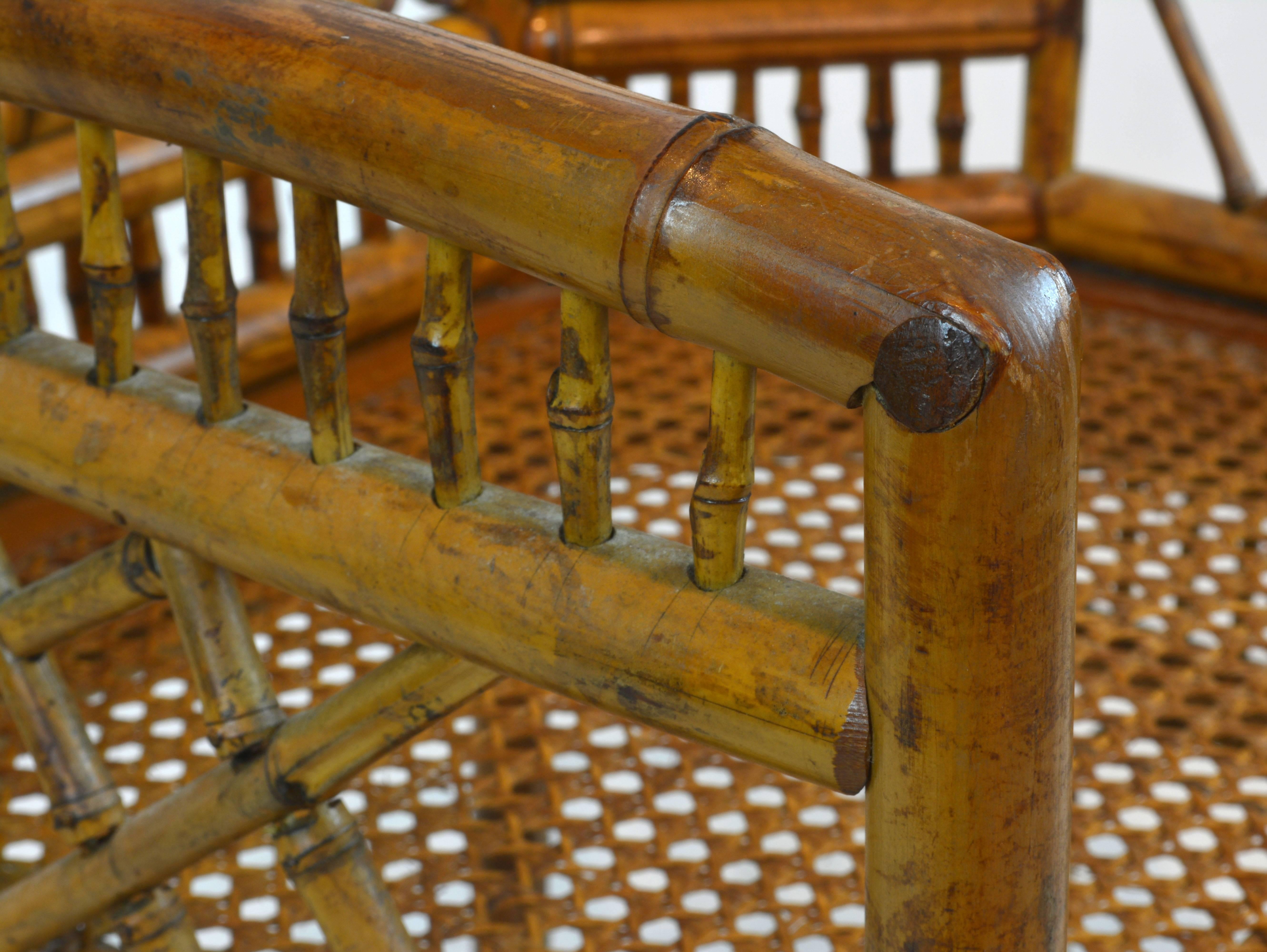 Chinese Pair of Vintage Brighton Pavillion Style Chinoiserie Bamboo Rattan Armchairs