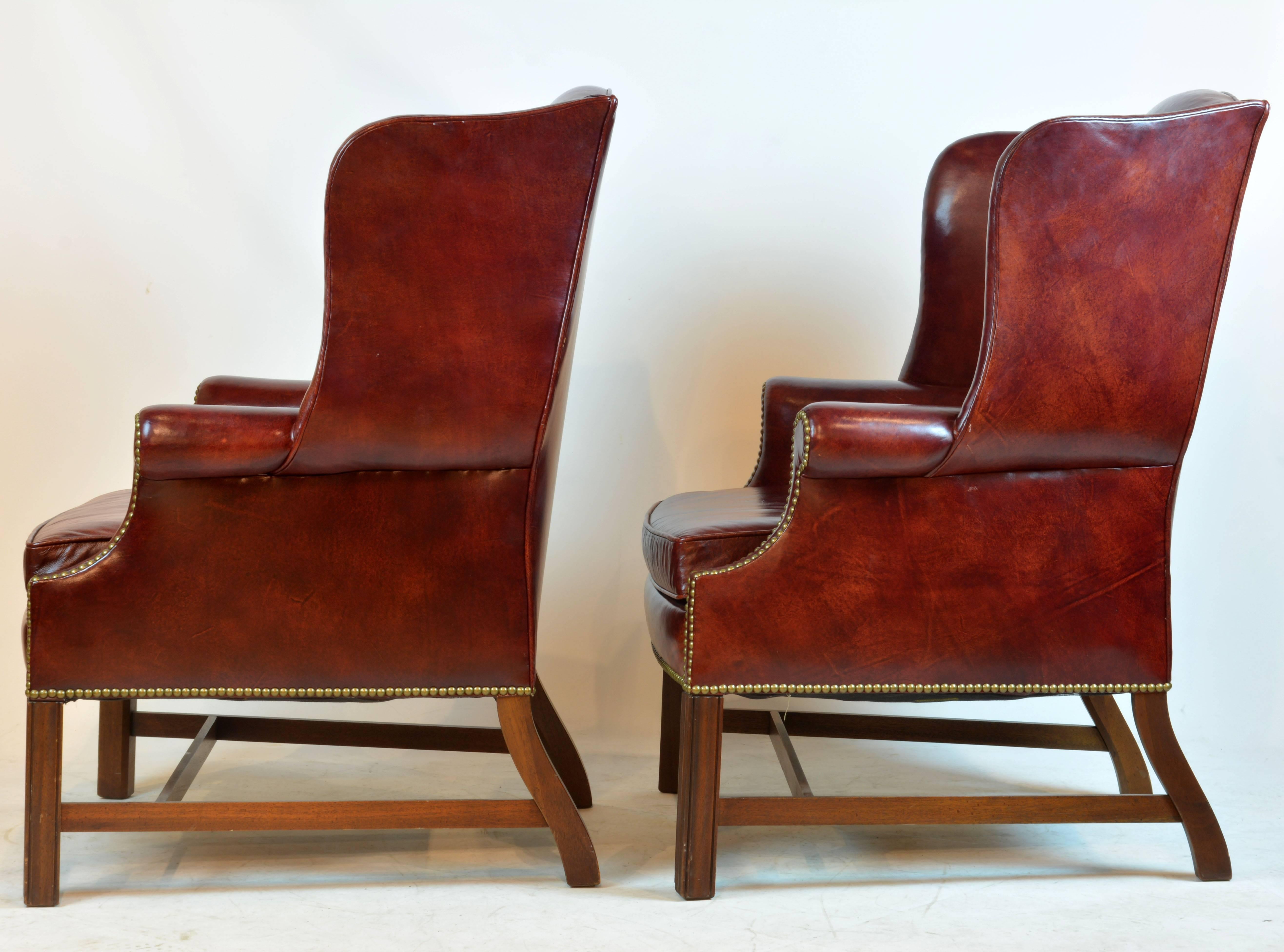 American Pair of Comfortable Vintage George III Style Leather Covered Wingback Chairs