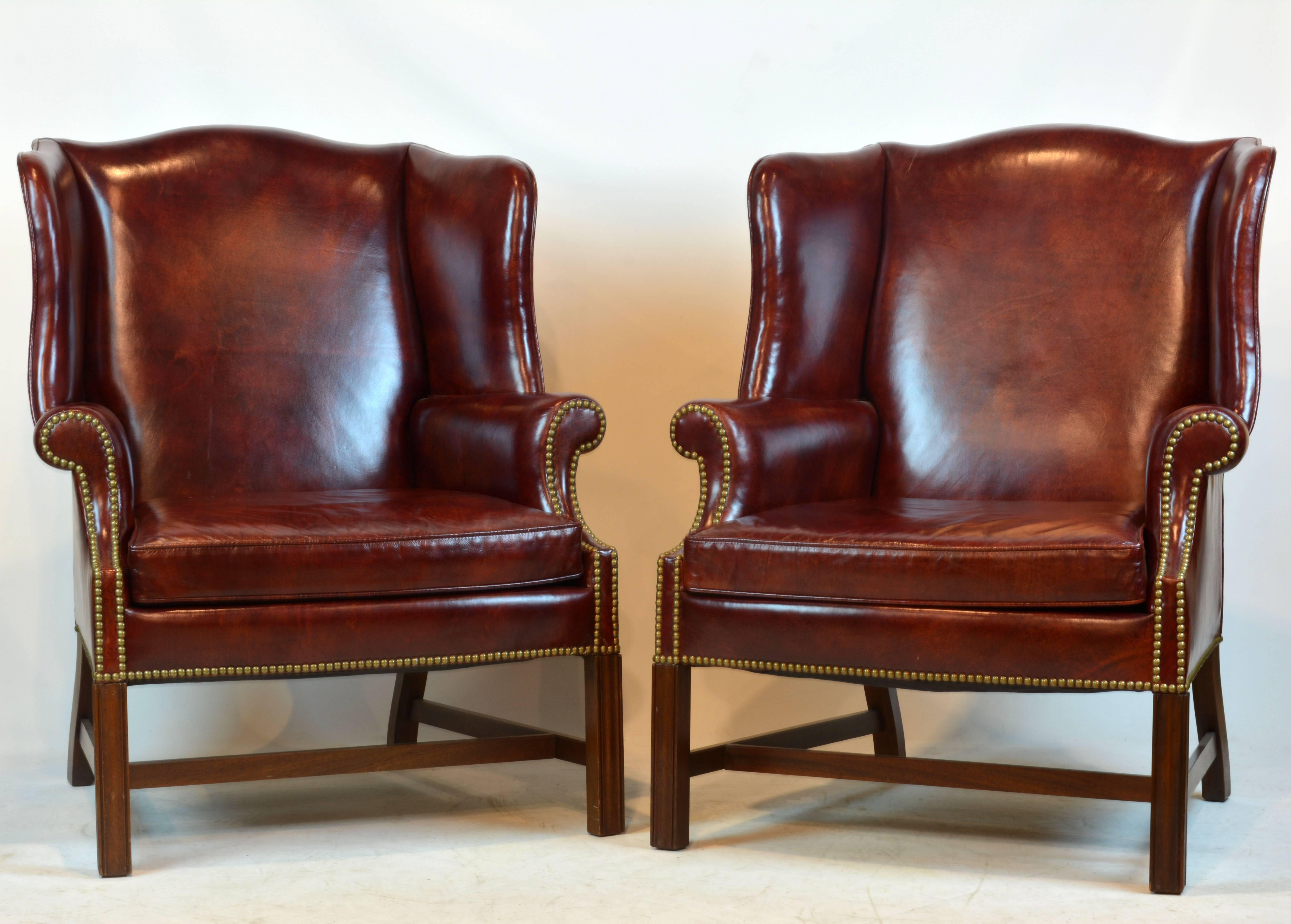 Pair of Comfortable Vintage George III Style Leather Covered Wingback Chairs 5