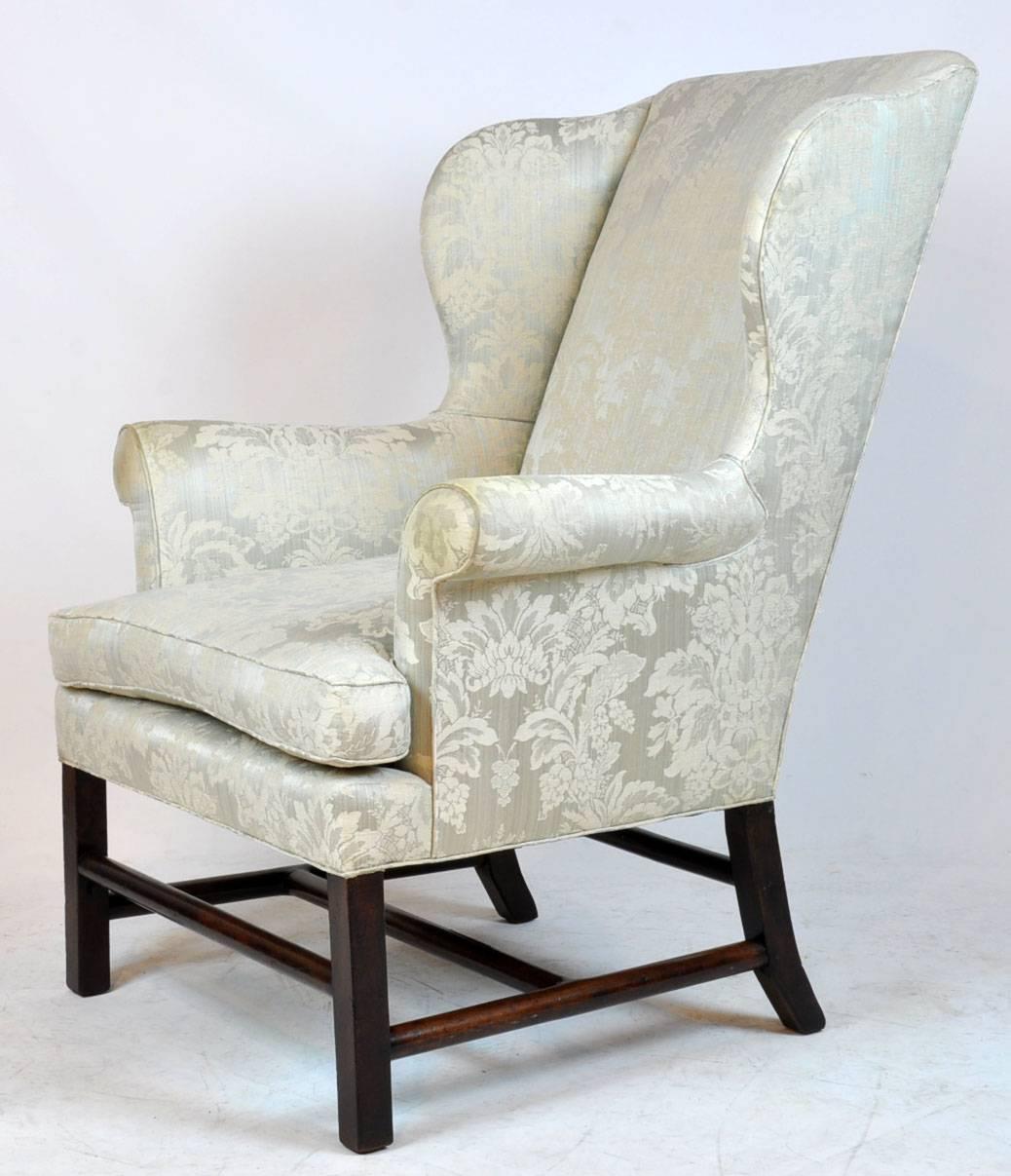 George III Georgian English Rolled Arm Wing Chair with Unusual Turned Stretcher, 1790s