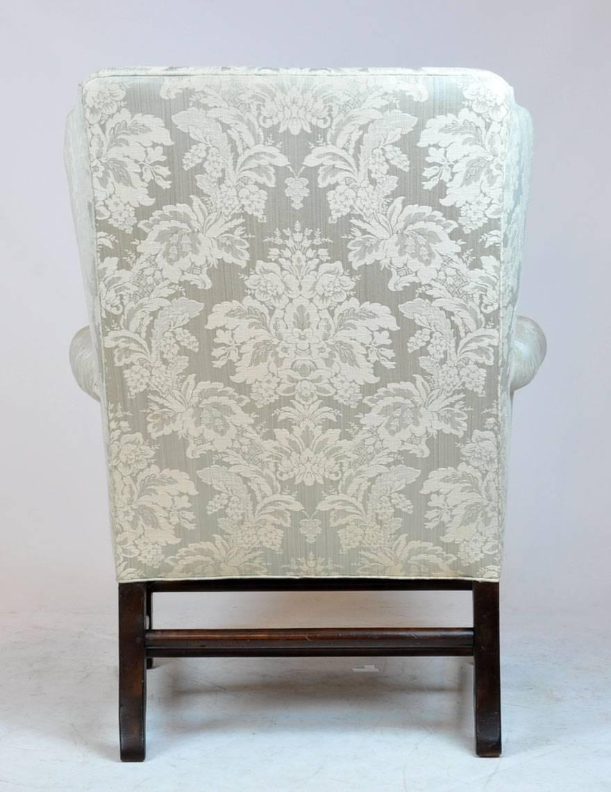 18th Century Georgian English Rolled Arm Wing Chair with Unusual Turned Stretcher, 1790s