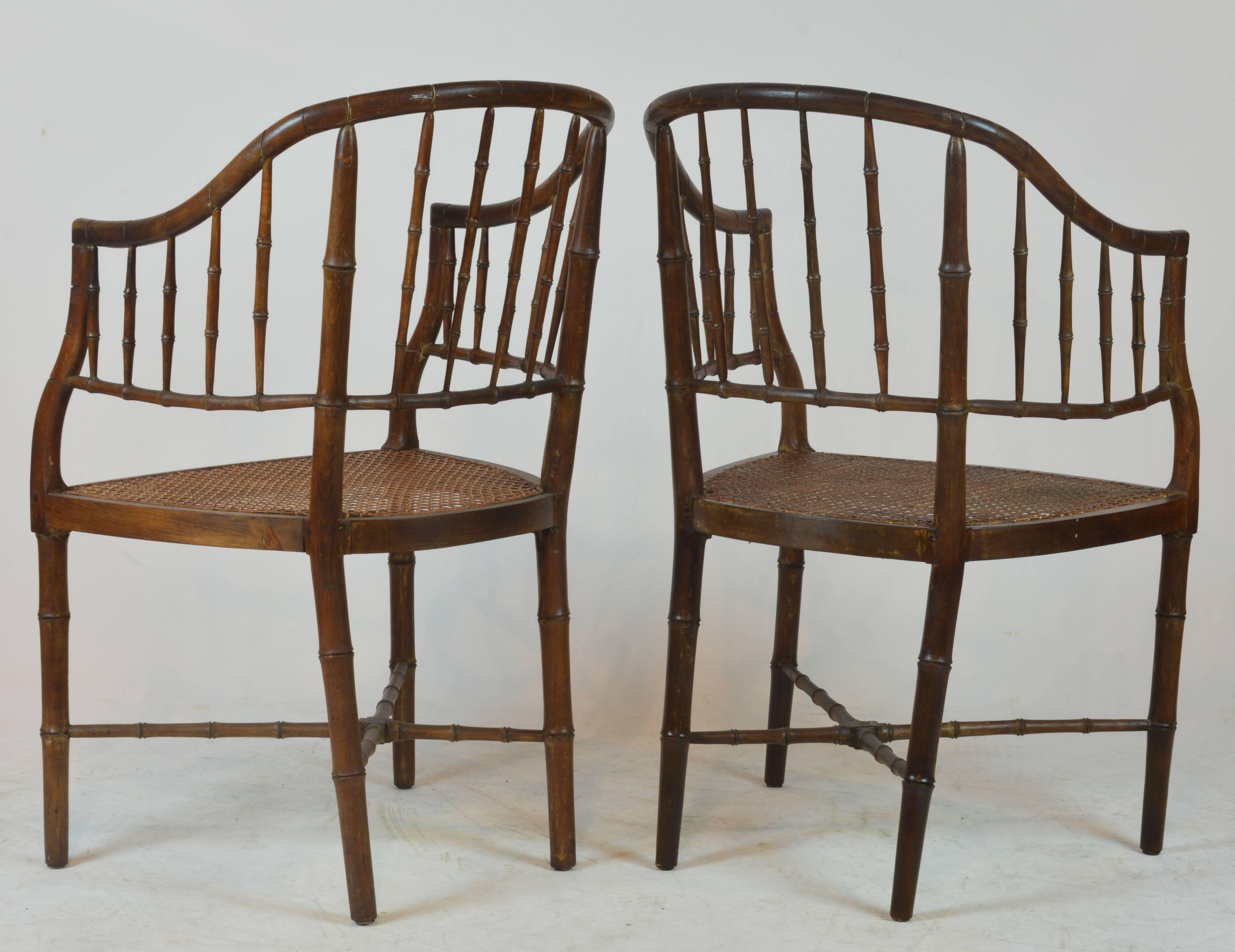 Pair of 19th Century English Regency Faux Bamboo Chinoiserie Inspired Armchairs In Good Condition In Ft. Lauderdale, FL