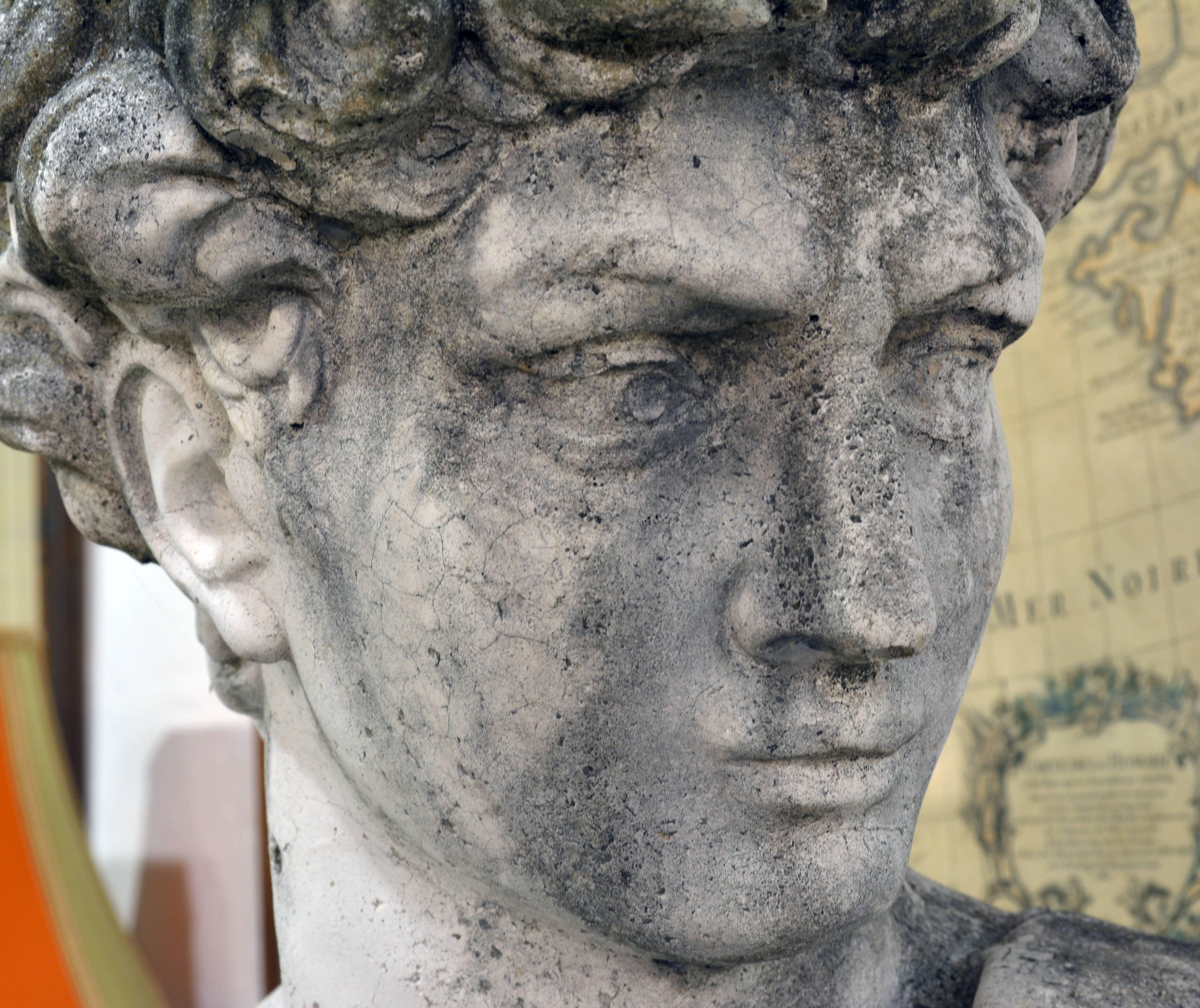 Weathered Lifesize Cast Cement Statue of Male Nude after Michelangelo's David In Good Condition In Ft. Lauderdale, FL