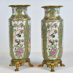 Pair of Late 19th Century Gilt Bronze Mounted Rose Medallion Vases