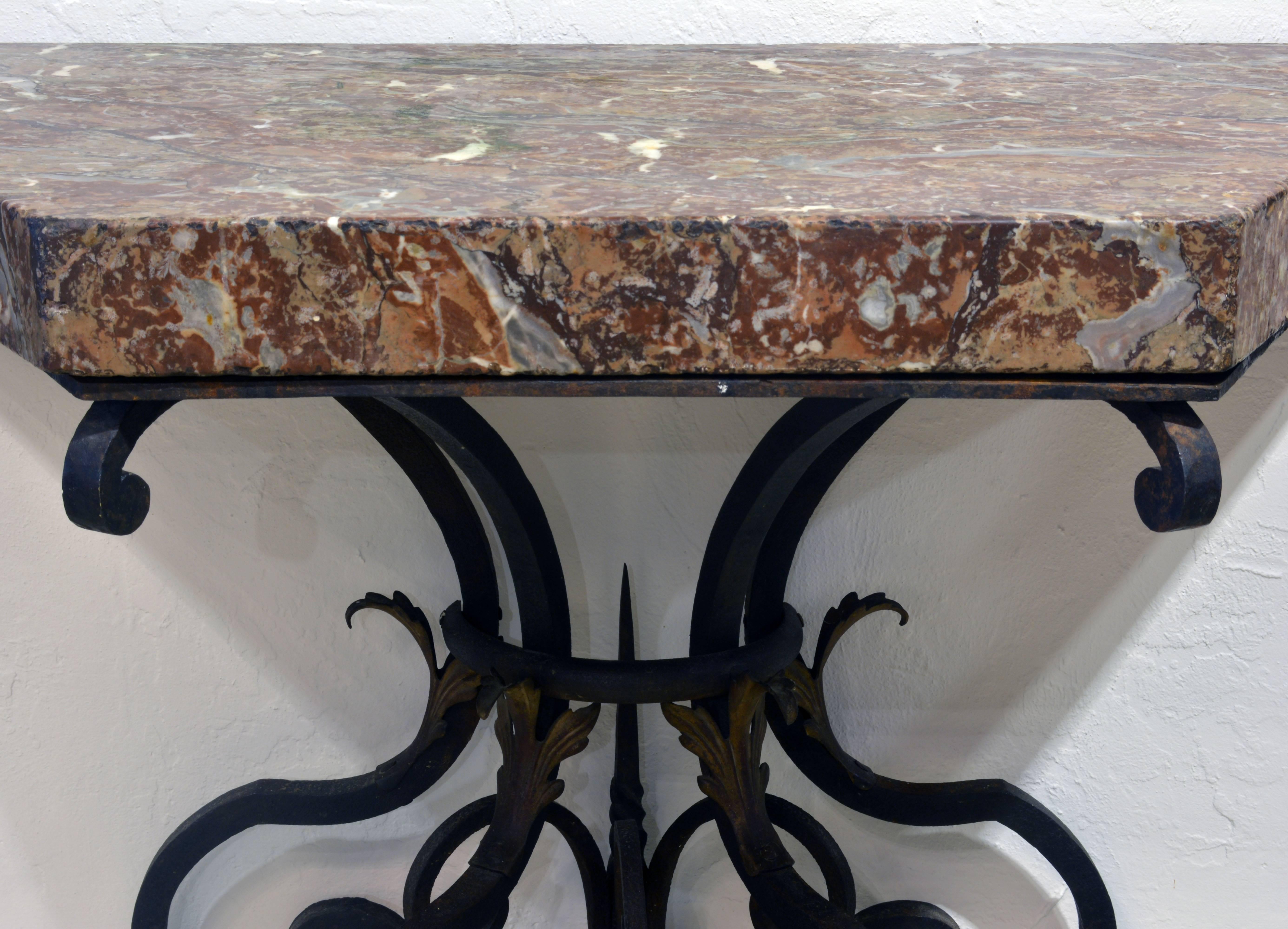 Pair of 19th Century French Wrought Iron Trapezoid Marble Slab Console Tables In Good Condition In Ft. Lauderdale, FL