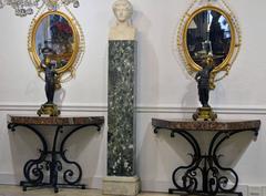 Pair of 19th Century French Wrought Iron Trapezoid Marble Slab Console Tables