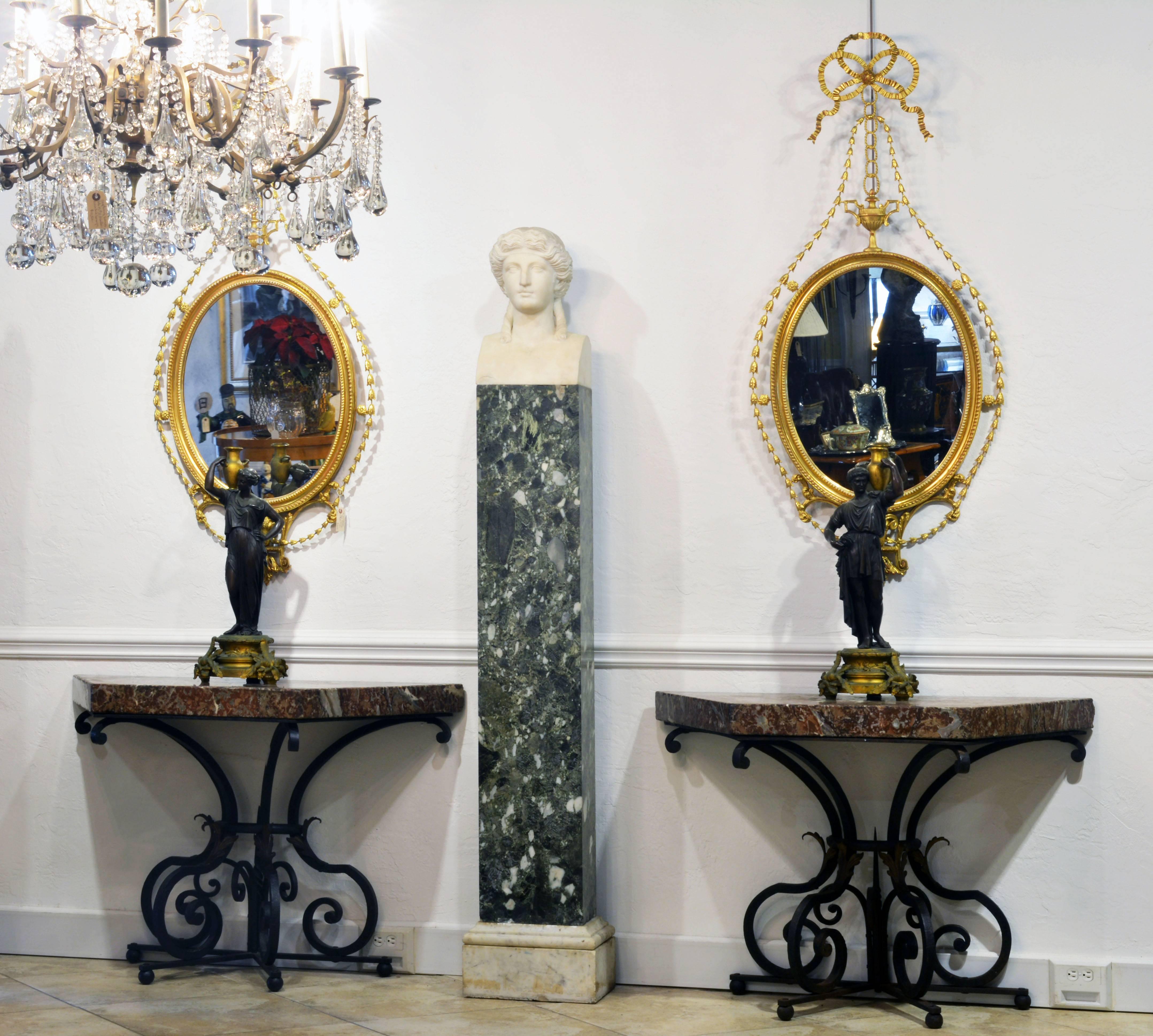 Pair of 19th Century French Wrought Iron Trapezoid Marble Slab Console Tables 2