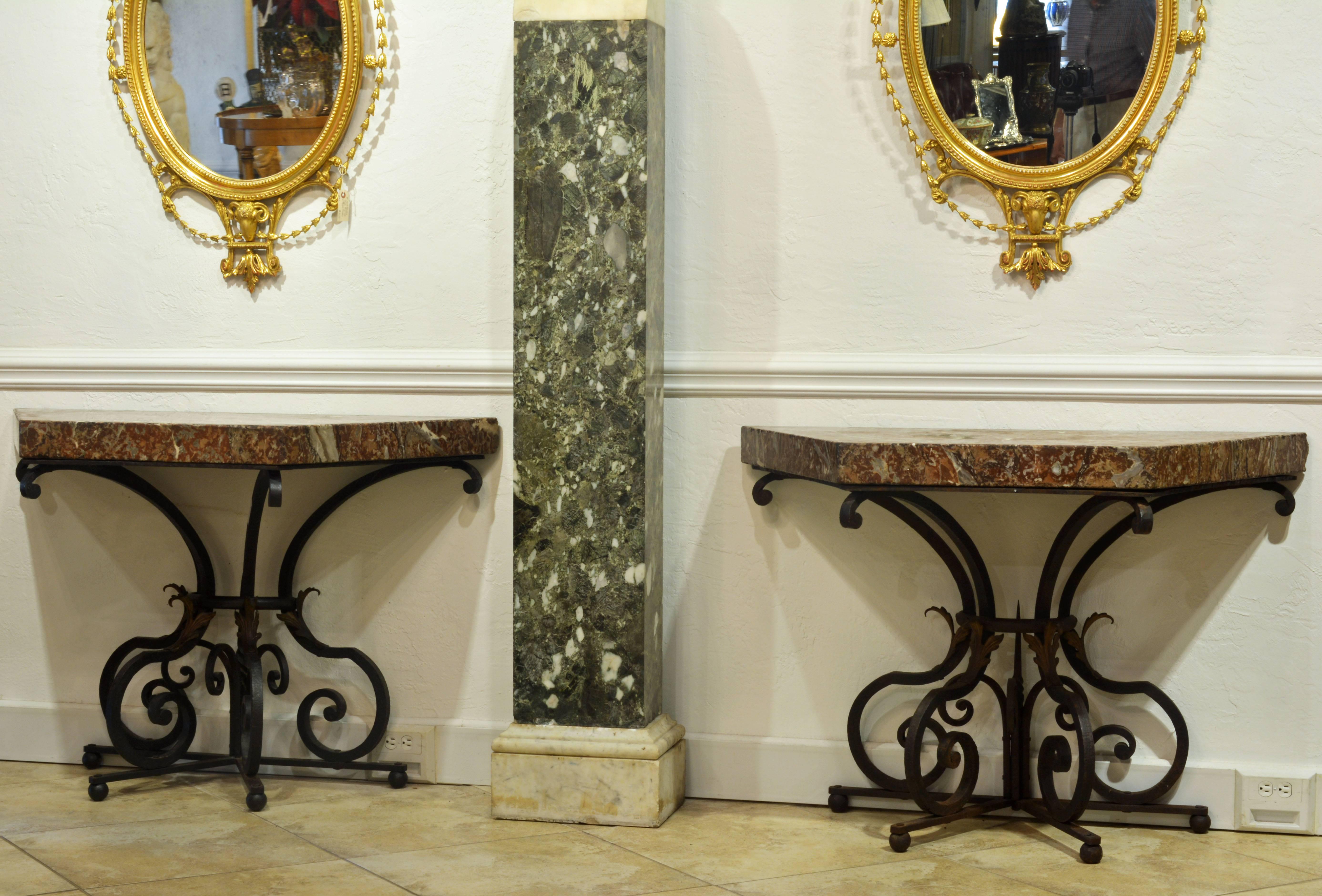 Pair of 19th Century French Wrought Iron Trapezoid Marble Slab Console Tables 4