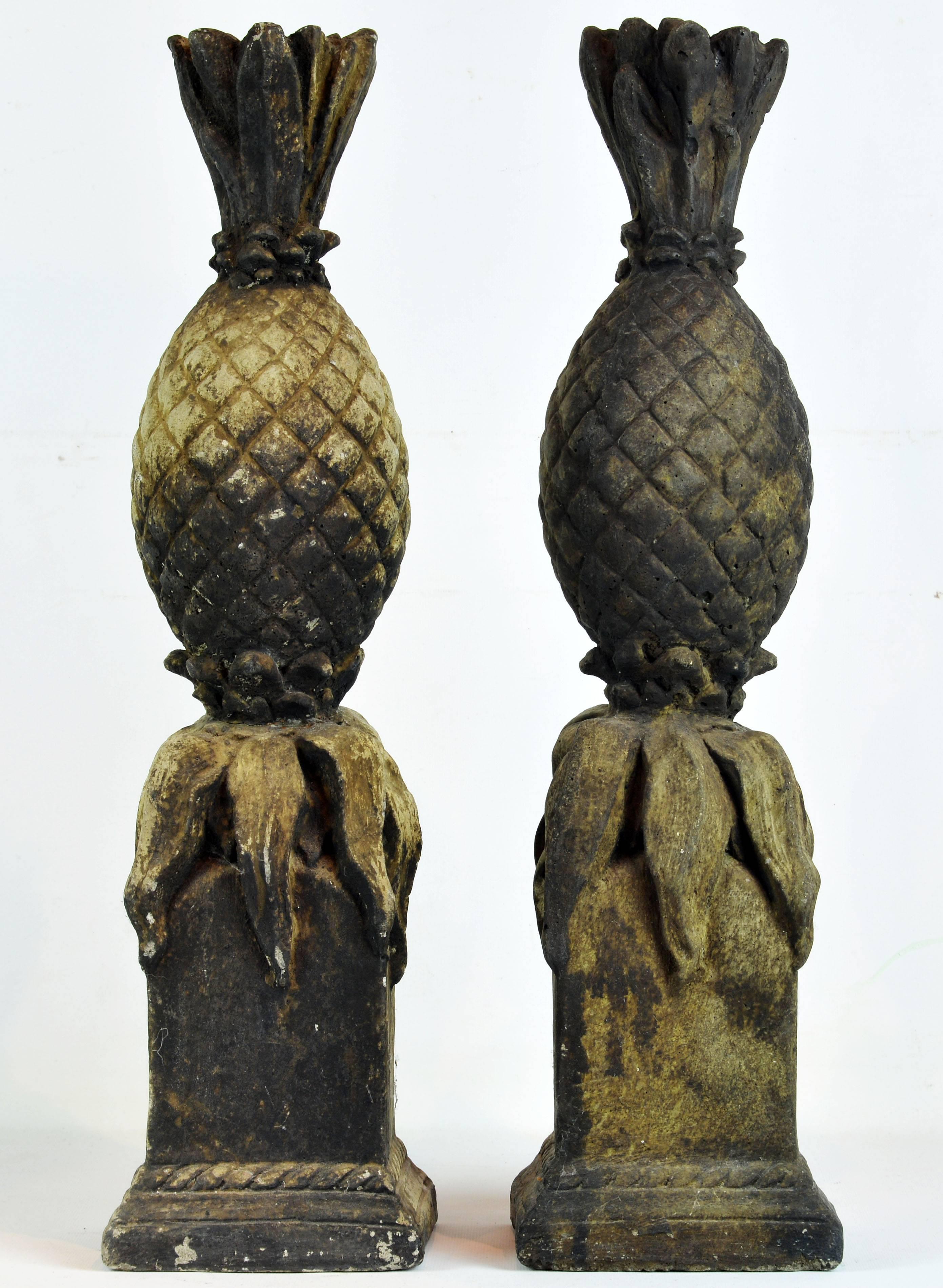 Baroque Pair of 19th Century Weathered Cast Stone Figures of Pineapples on Square Bases