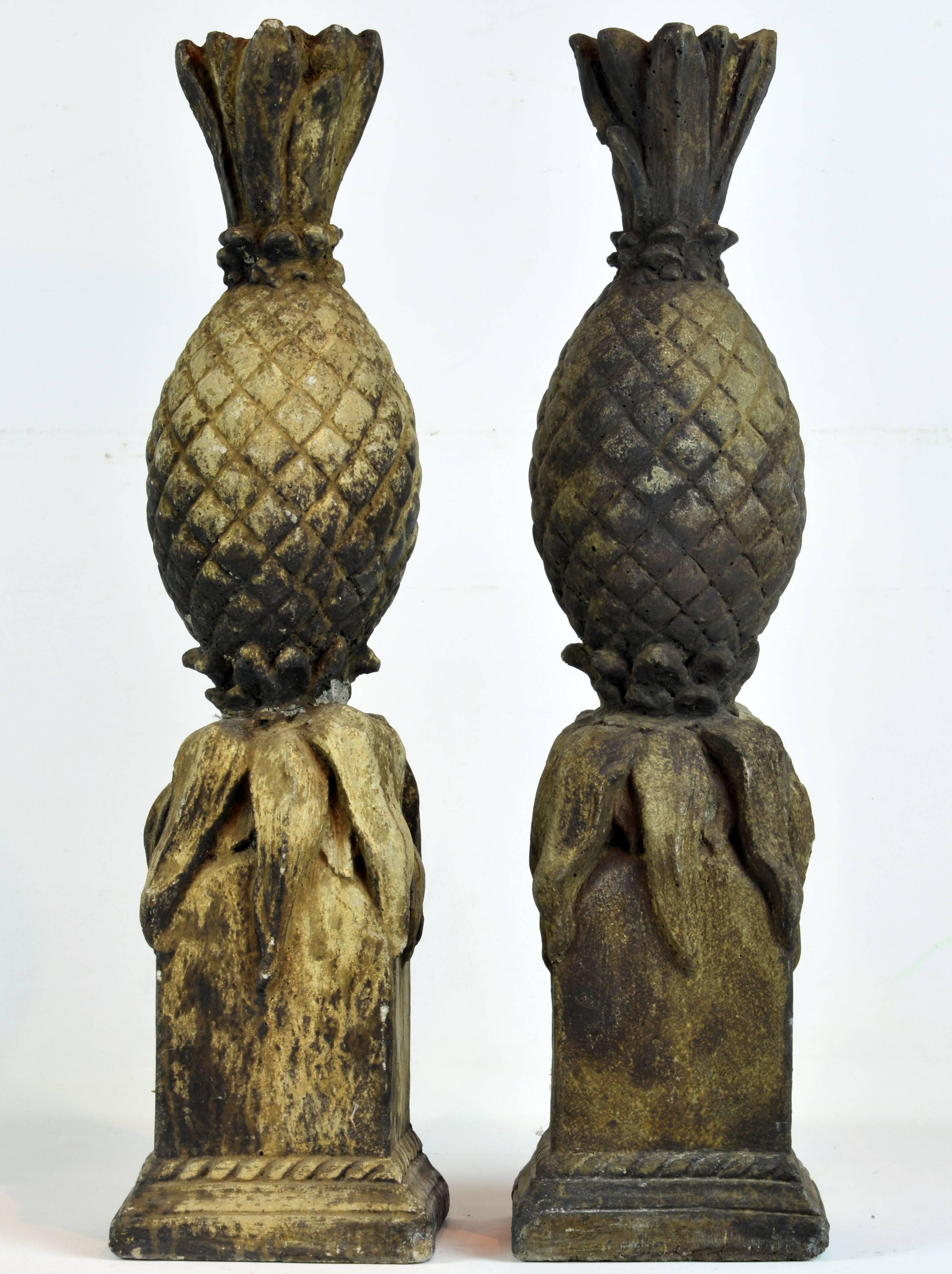 English Pair of 19th Century Weathered Cast Stone Figures of Pineapples on Square Bases