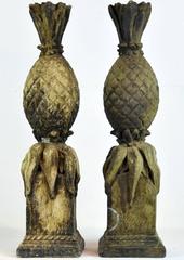 Pair of 19th Century Weathered Cast Stone Figures of Pineapples on Square Bases