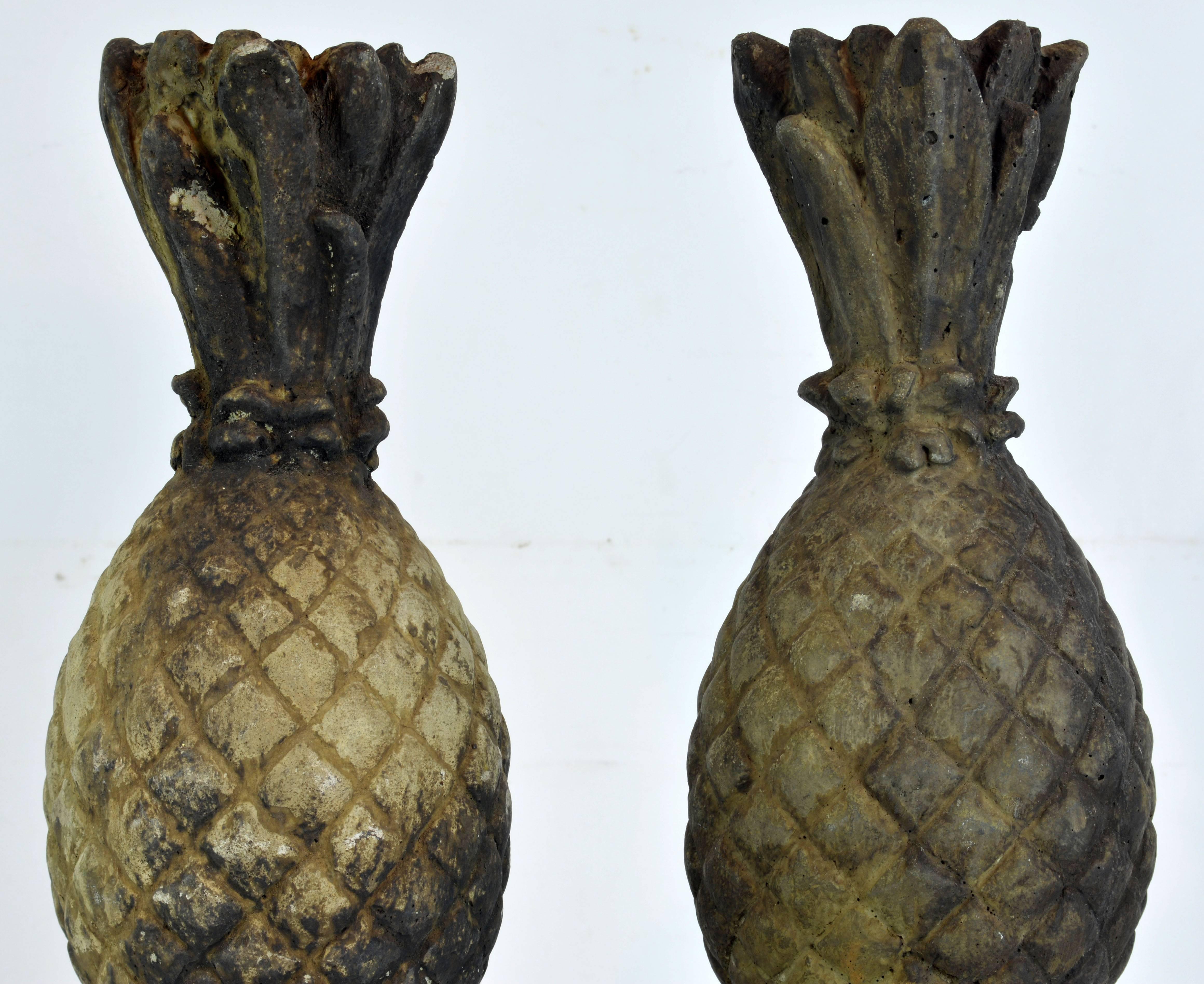 Pair of 19th Century Weathered Cast Stone Figures of Pineapples on Square Bases In Good Condition In Ft. Lauderdale, FL