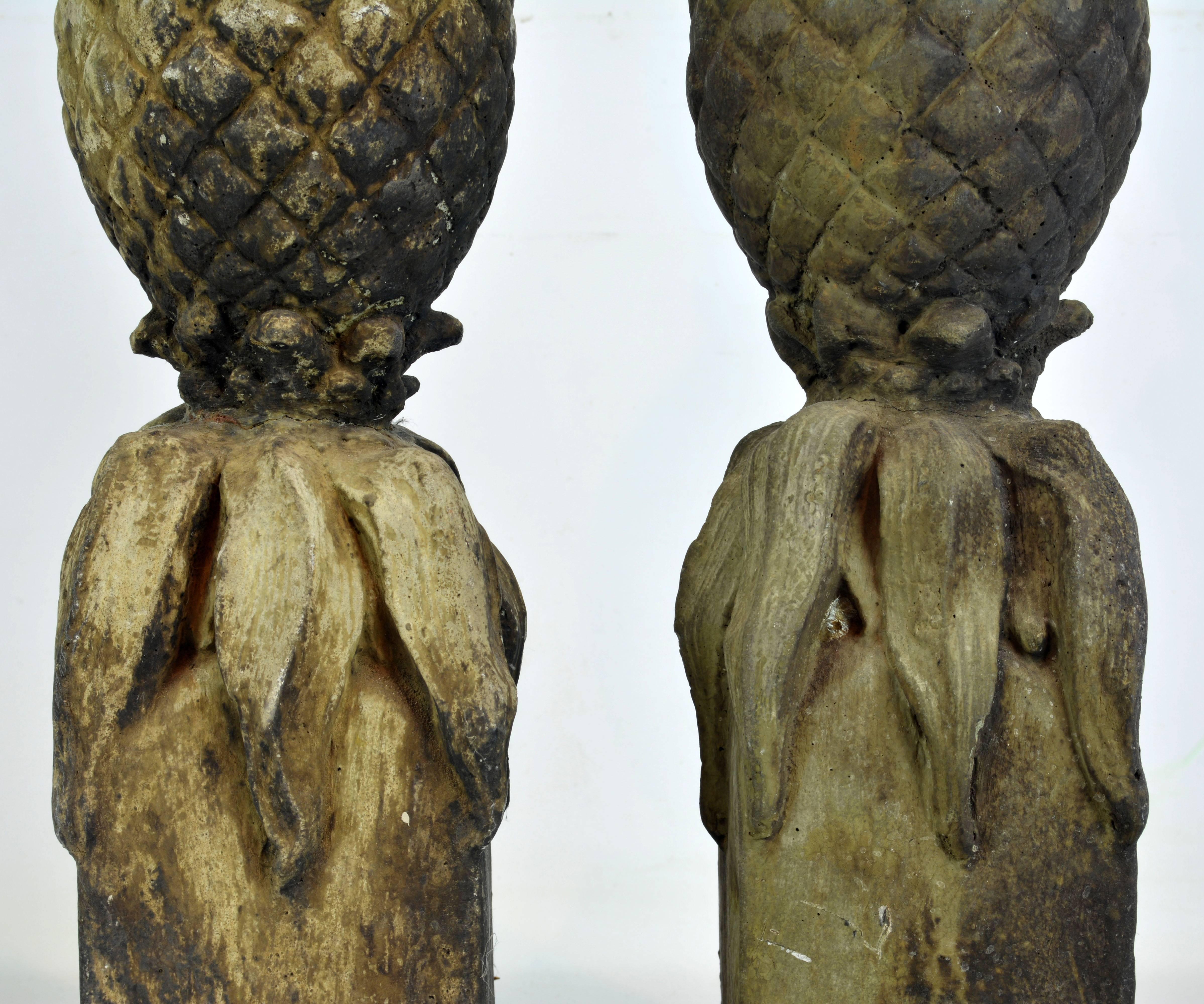 Pair of 19th Century Weathered Cast Stone Figures of Pineapples on Square Bases 1