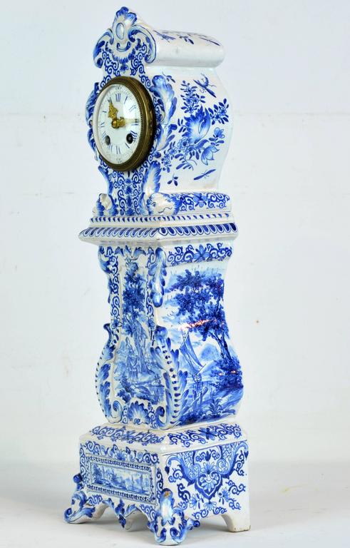 Charming 19th Century Delft Style Miniature Blue And White Porcelain Rococo Revival Charming 19th Century Delft Style Miniature Blue And White Porcelain Tall Clock For