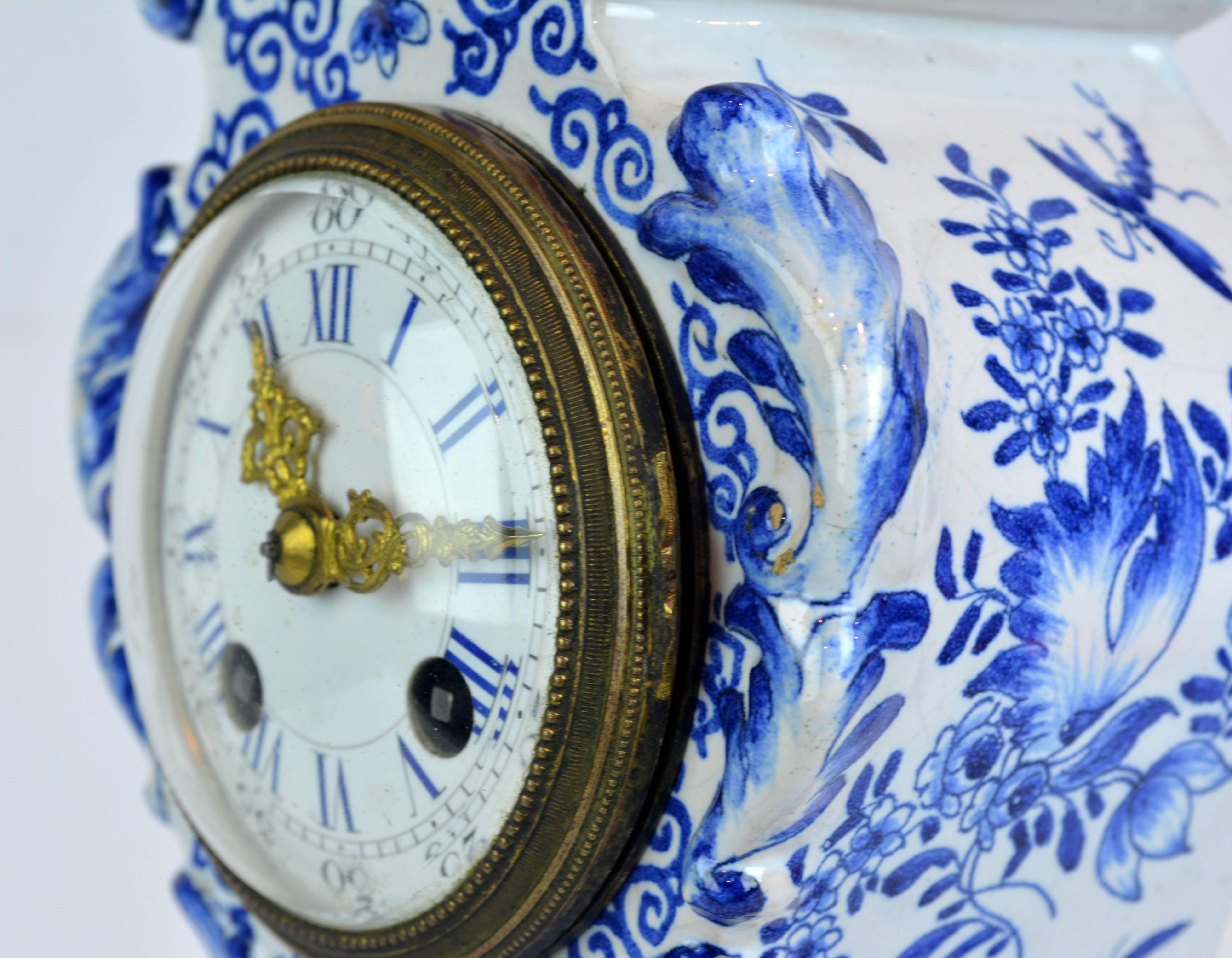 Charming 19th Century Delft Style Miniature Blue and White Porcelain Tall Clock In Good Condition In Ft. Lauderdale, FL