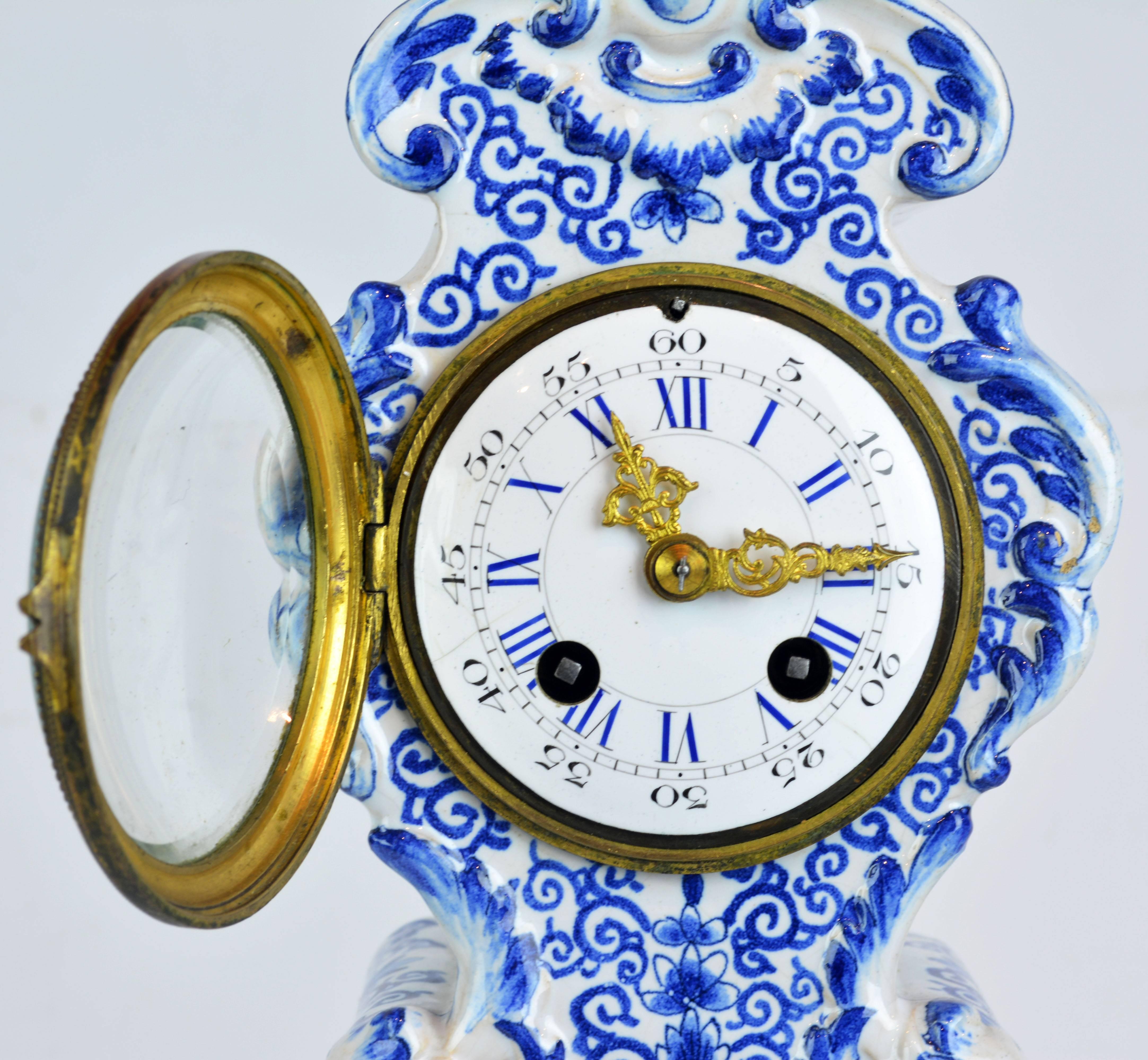 Brass Charming 19th Century Delft Style Miniature Blue and White Porcelain Tall Clock