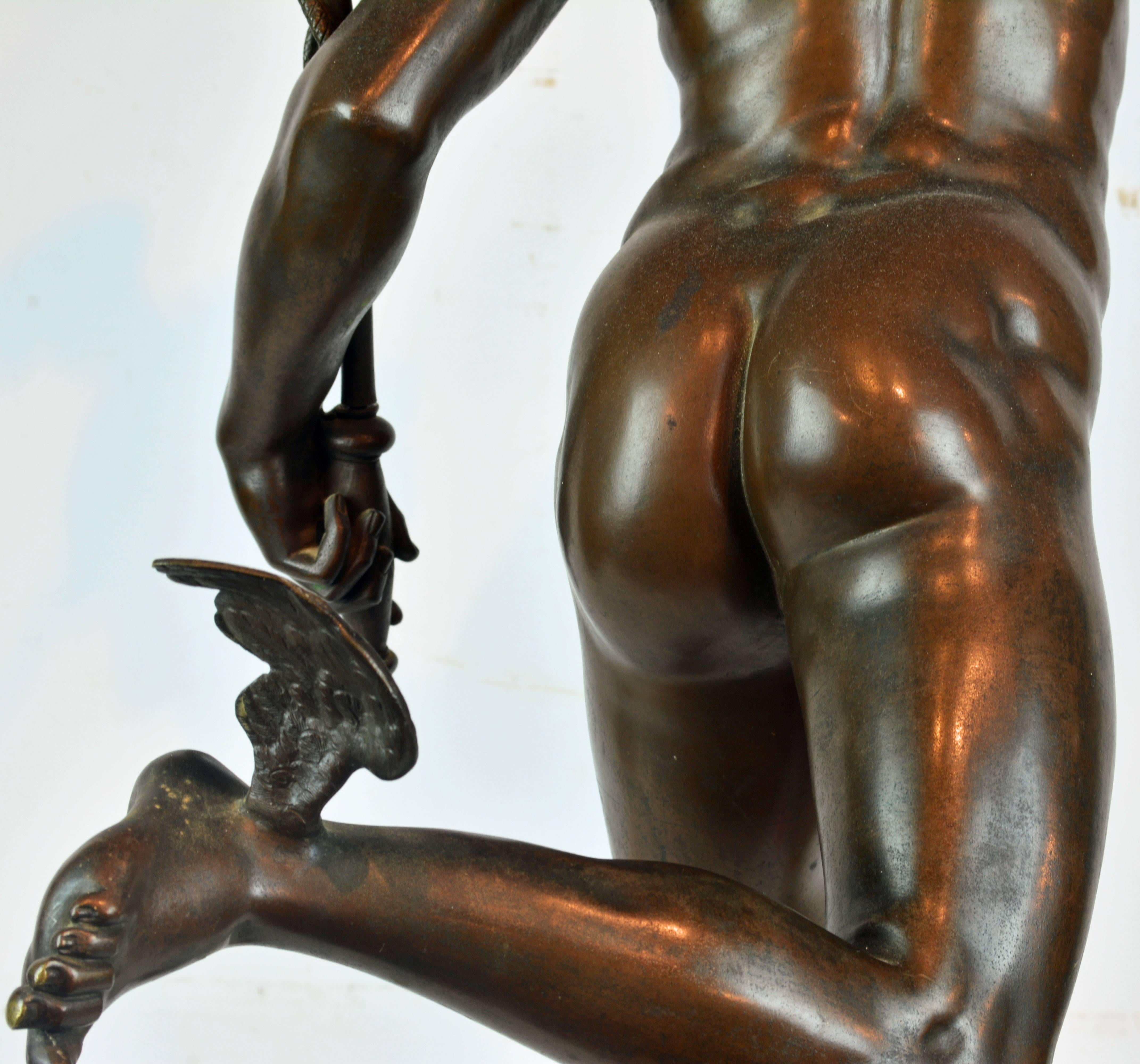 Patinated 19th Century Giant Bronze Statue of the Flying Mercury after Giovanni da Bologna