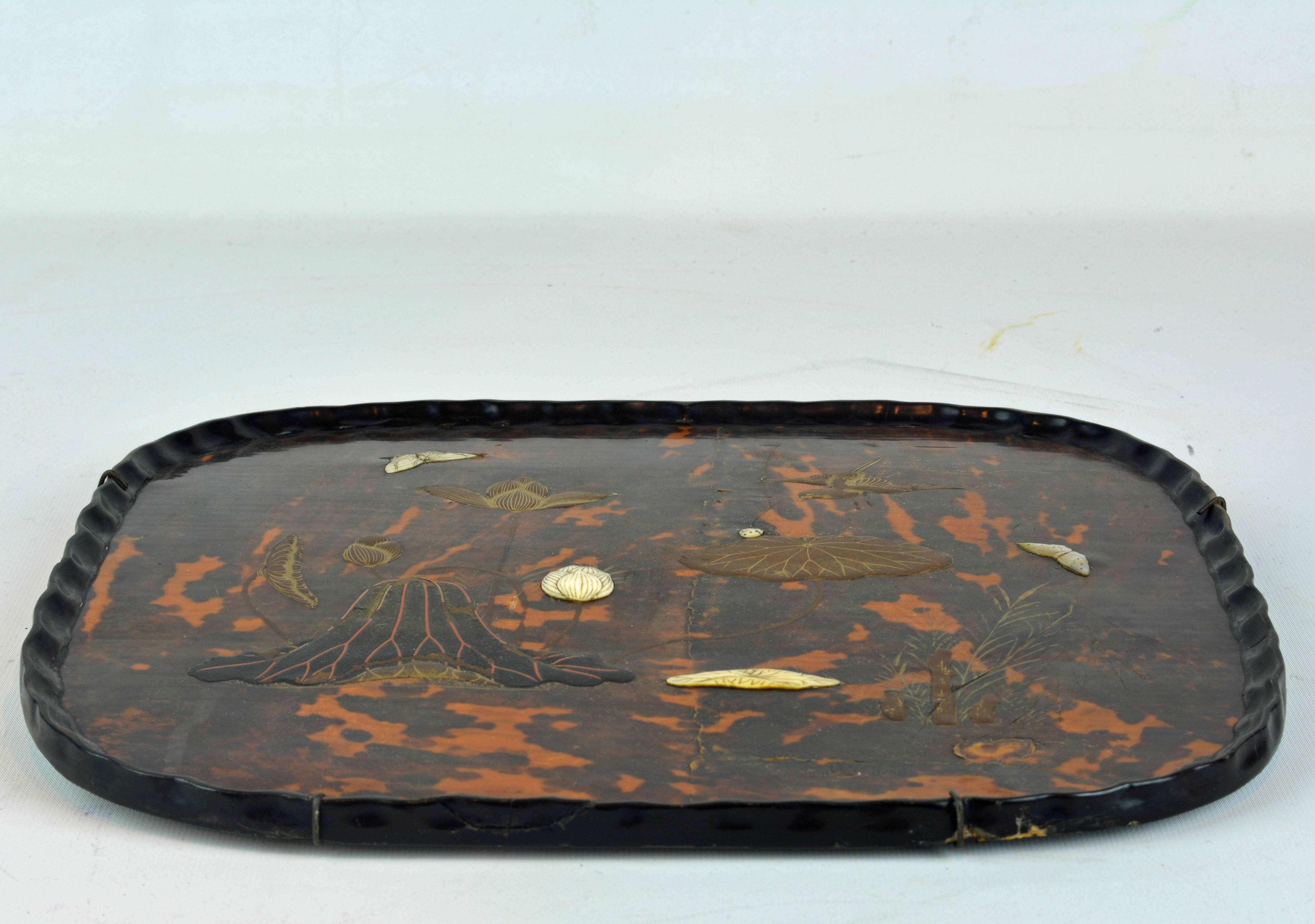 Japonisme Rare 19th Century Japanese Inlaid Lacquer and Tortoise Shell Tea Tray