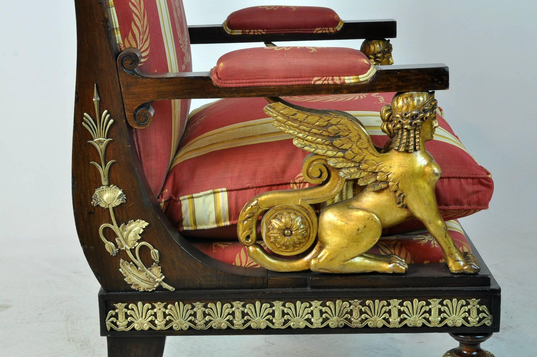 Pair of French Empire Revival Bronze Mounted and Gilt Sphinx Armchairs In Good Condition In Ft. Lauderdale, FL