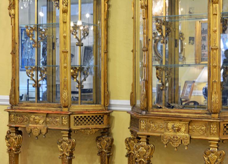 French Superior Pair of Second Empire Louis XVI Style Carved Giltwood Vitrines
