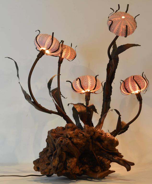 A fantastic composition of a polished burled root wood from which springs stems and leaves of patinated copper carrying four lights made of real sea urchin shells inserted in petal like grips. When the lights are on they glow in a wonderful symphony