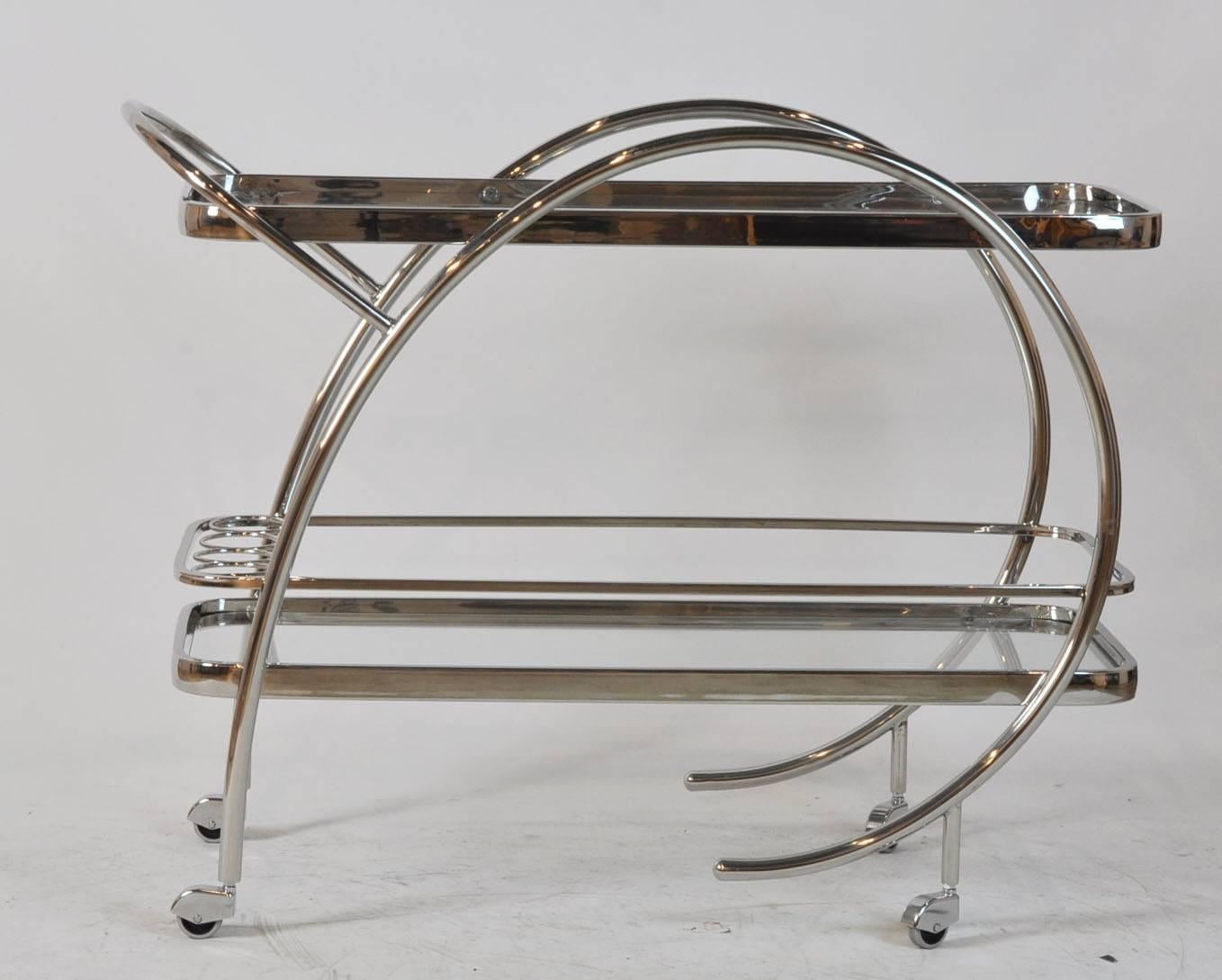 Unknown Mid-Century Modern Chrome Bar Cart with Glass Shelves