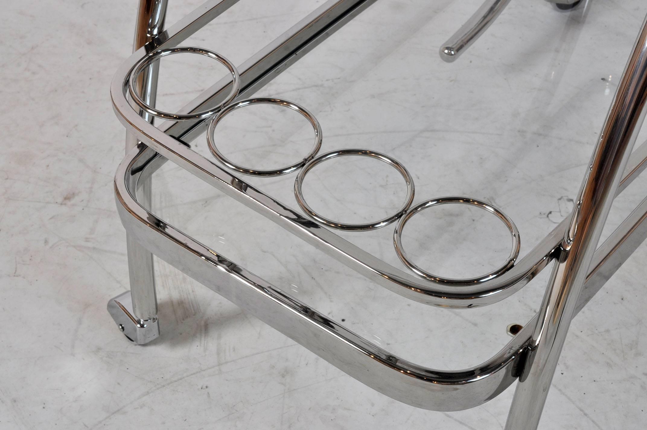 20th Century Mid-Century Modern Chrome Bar Cart with Glass Shelves