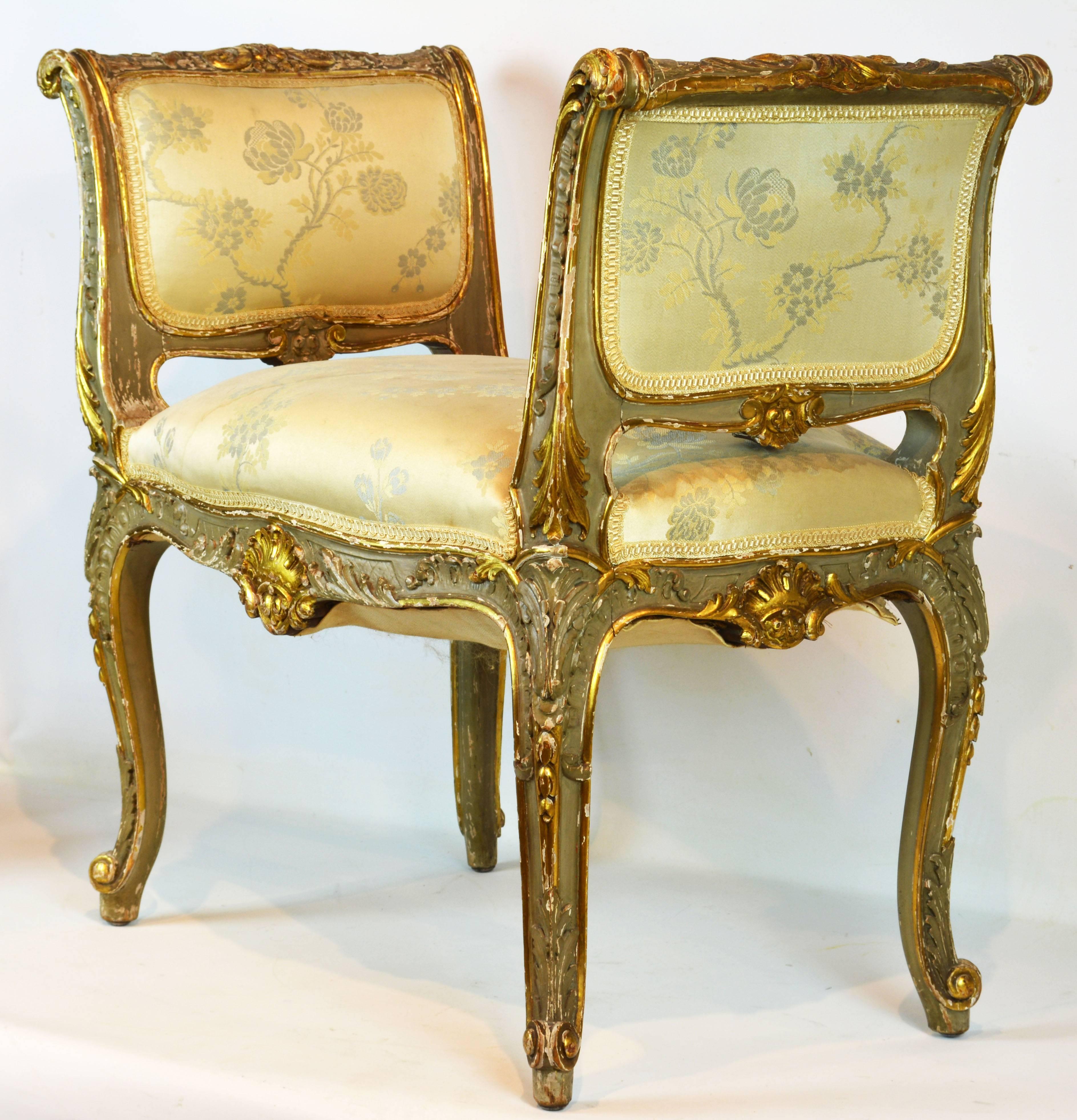Painted 19th Century French Louis XV Style Carved Paint and Parcel-Gilt Window Bench