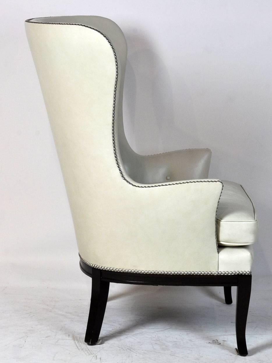 Mid-Century Modern Pair of Edward Ferrell Fanback Leather Wing Chairs with Chrome Nailhead Trim