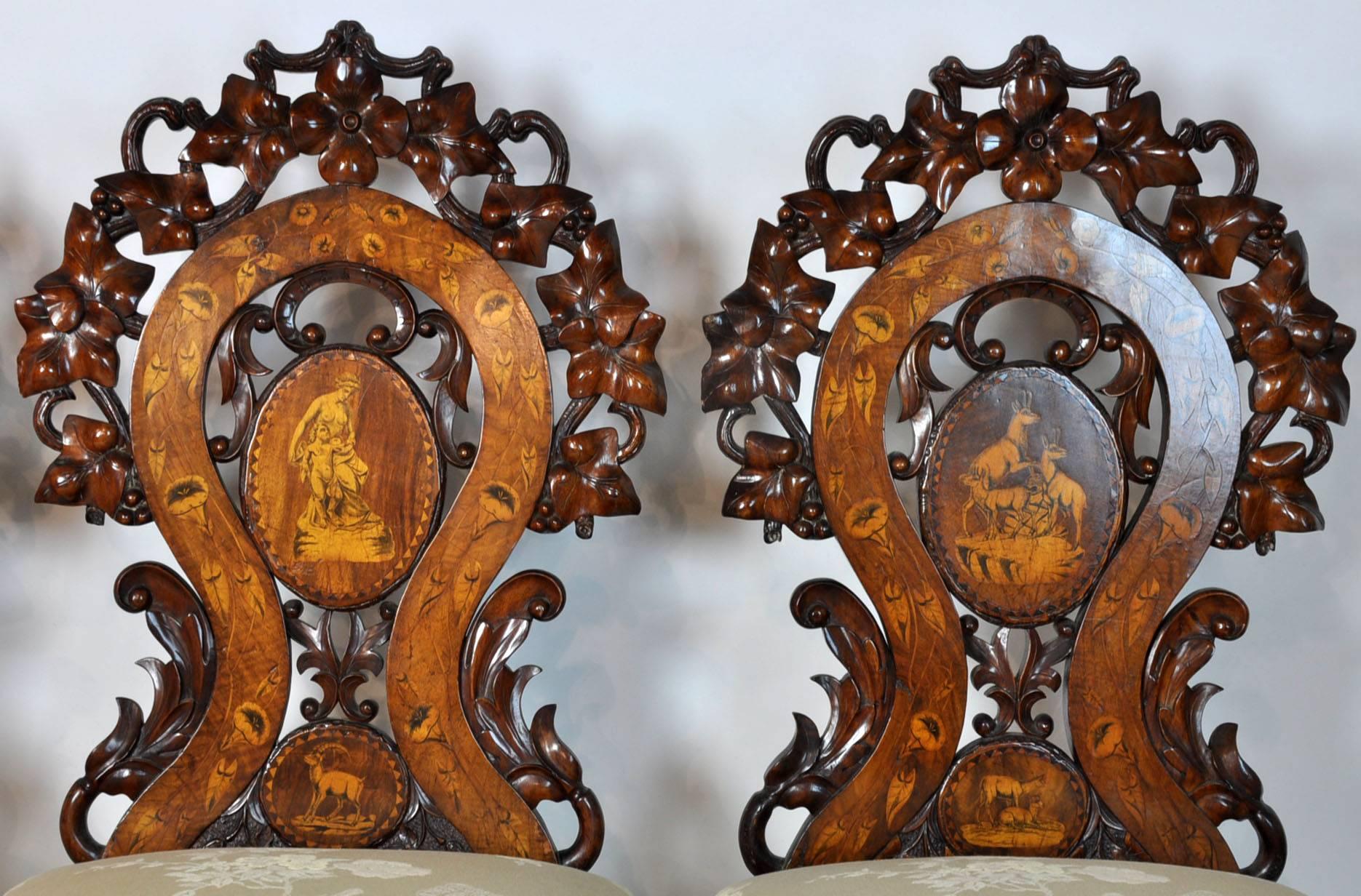 19th Century Set of Ten Black Forest Style Austrian Open Worked Backed Carved Side Chairs