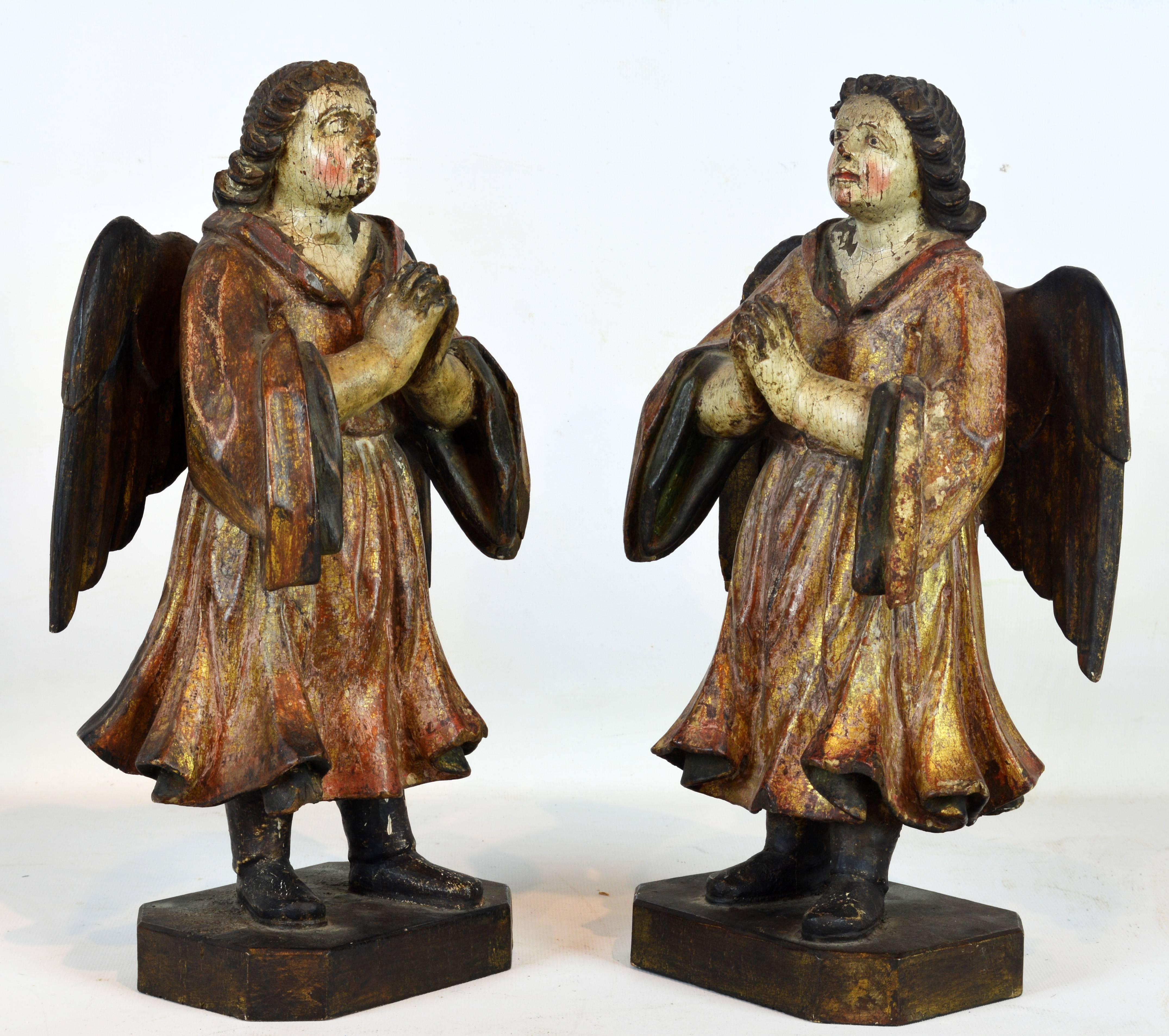South American Fine Pair of Early Spanish Colonial Carved Paint and Parcel Gilt Angels
