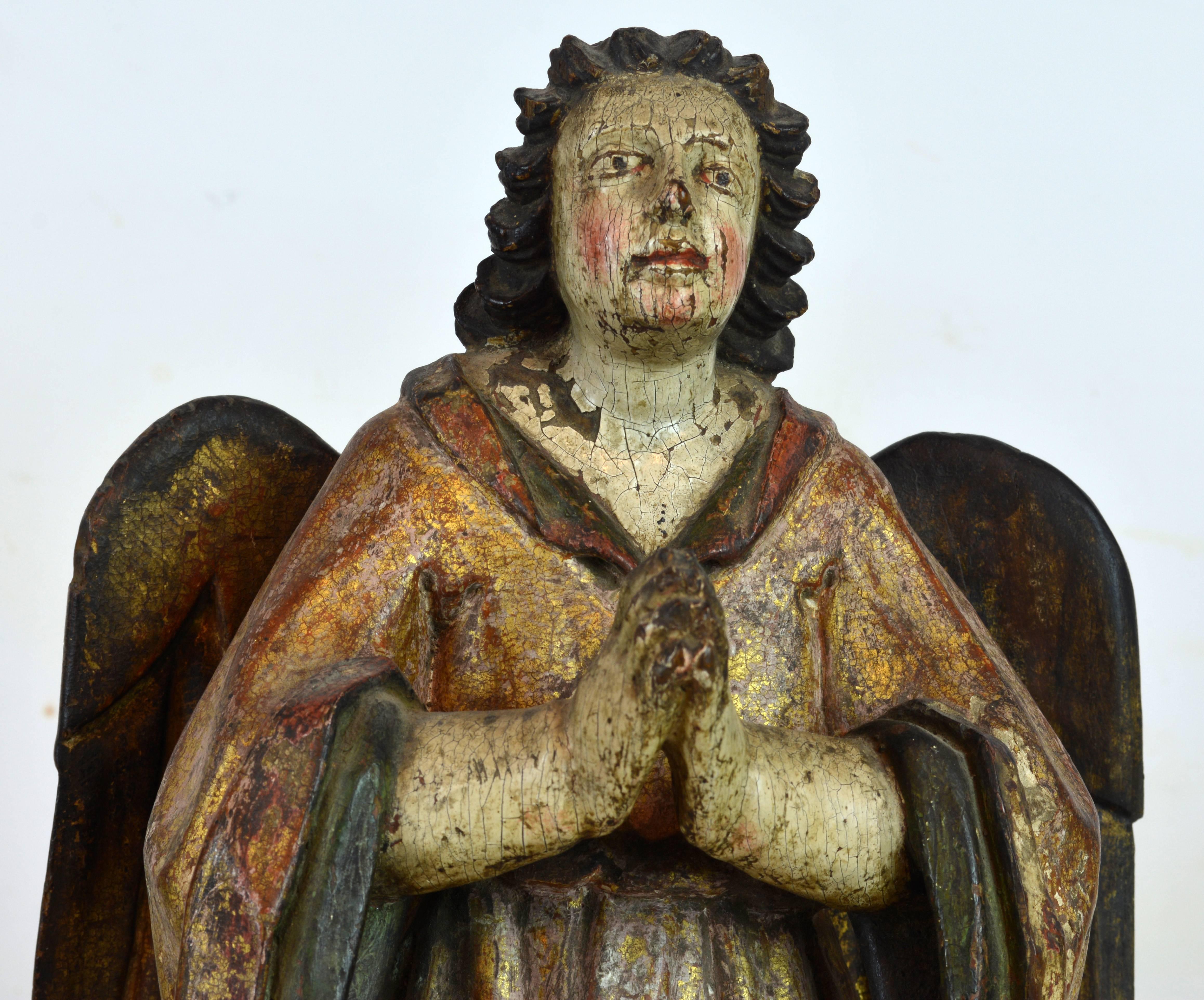19th Century Fine Pair of Early Spanish Colonial Carved Paint and Parcel Gilt Angels