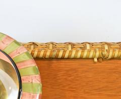 Mackenzie Childs Vintage Ottoman with Ceramic Polychrome Feet and Woven Cane