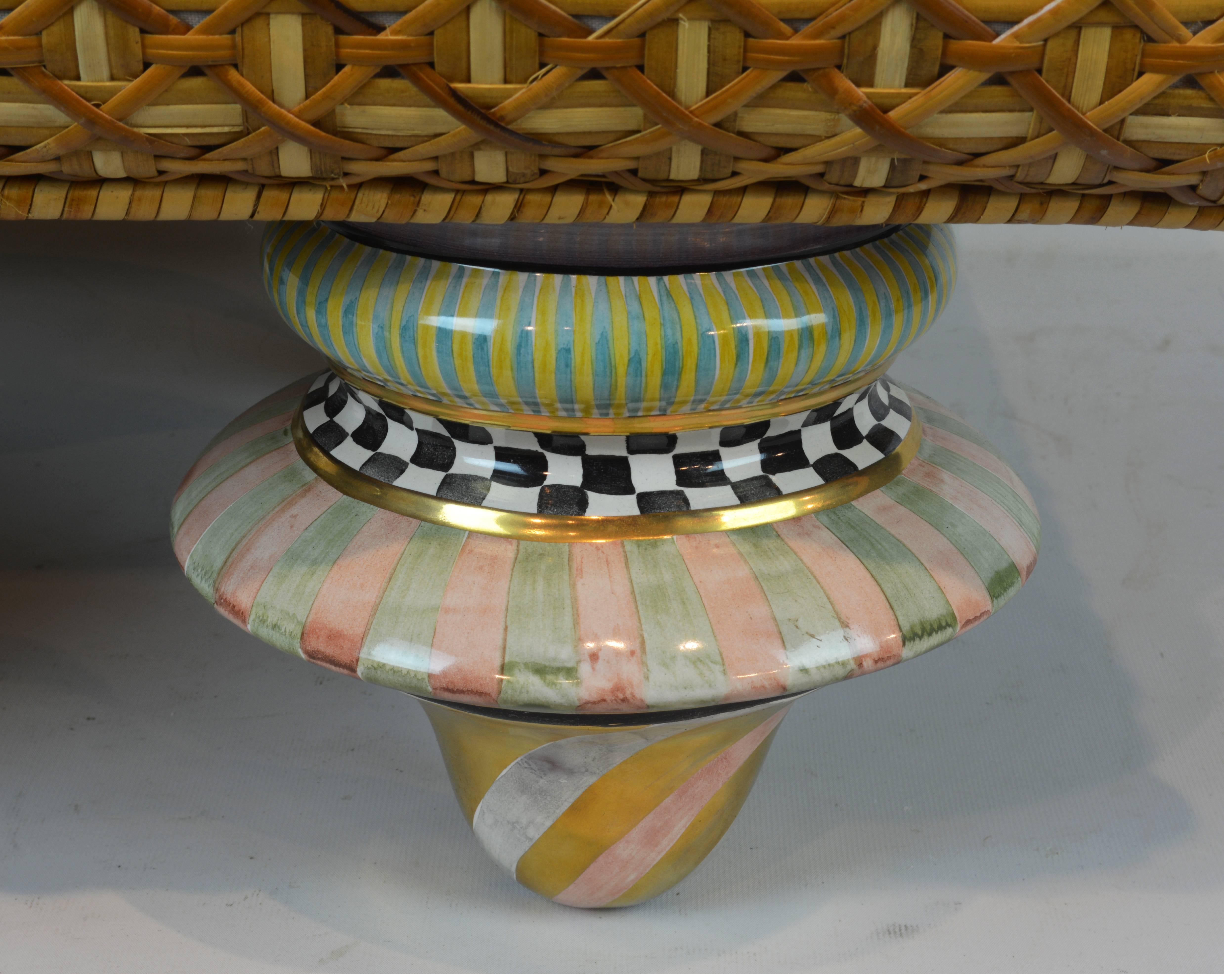American Mackenzie Childs Vintage Ottoman with Ceramic Polychrome Feet and Woven Cane