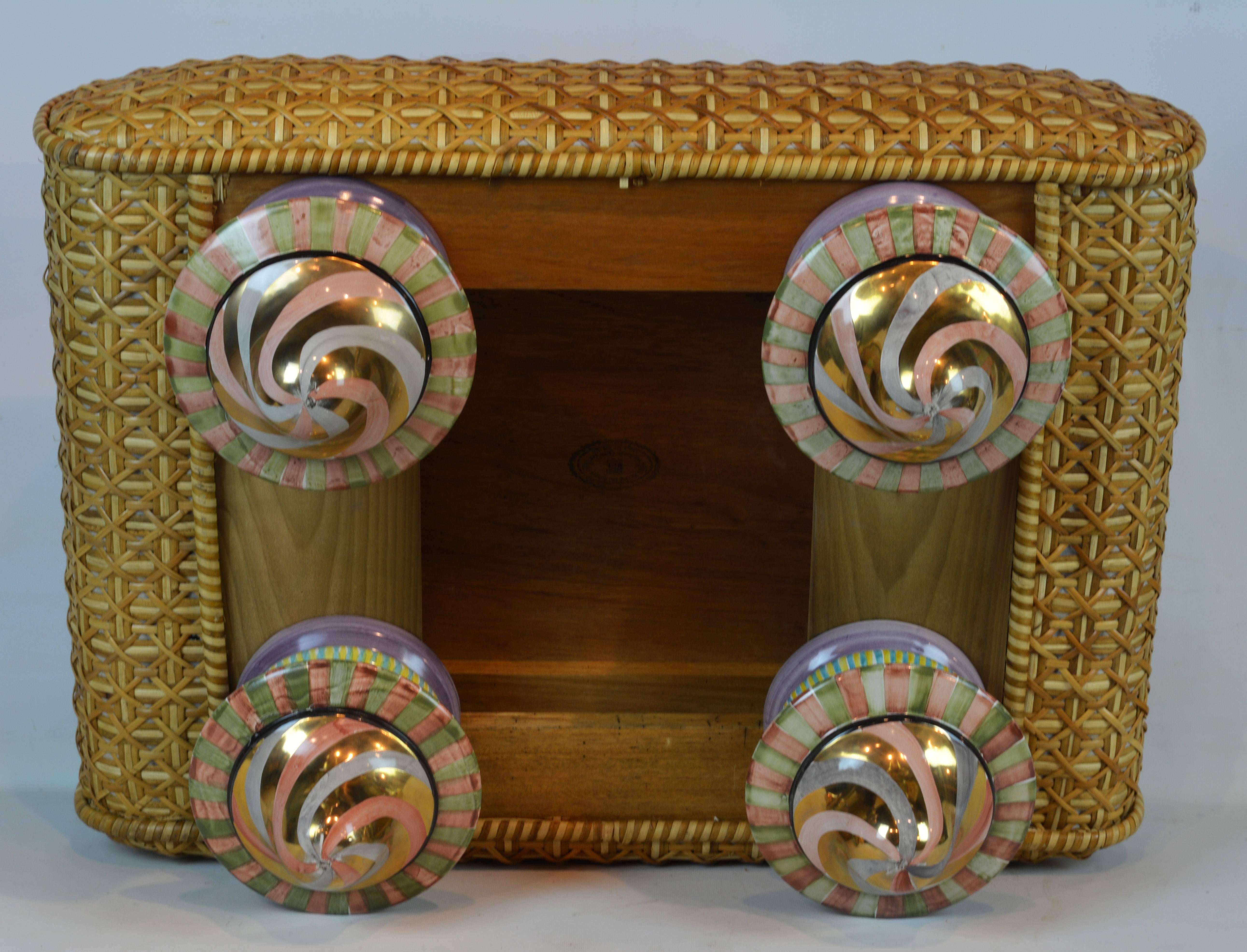 Glazed Mackenzie Childs Vintage Ottoman with Ceramic Polychrome Feet and Woven Cane