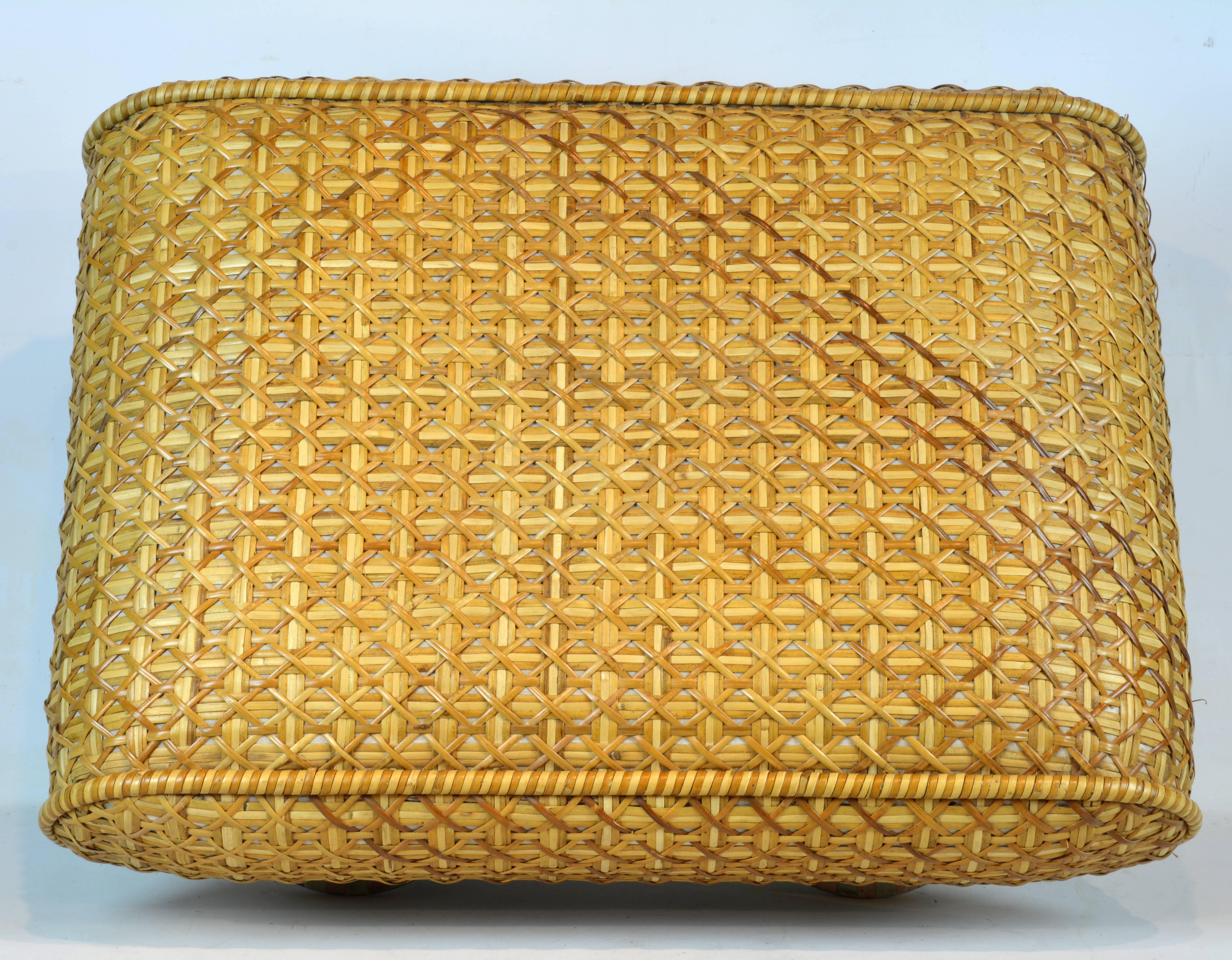 Modern Mackenzie Childs Vintage Ottoman with Ceramic Polychrome Feet and Woven Cane