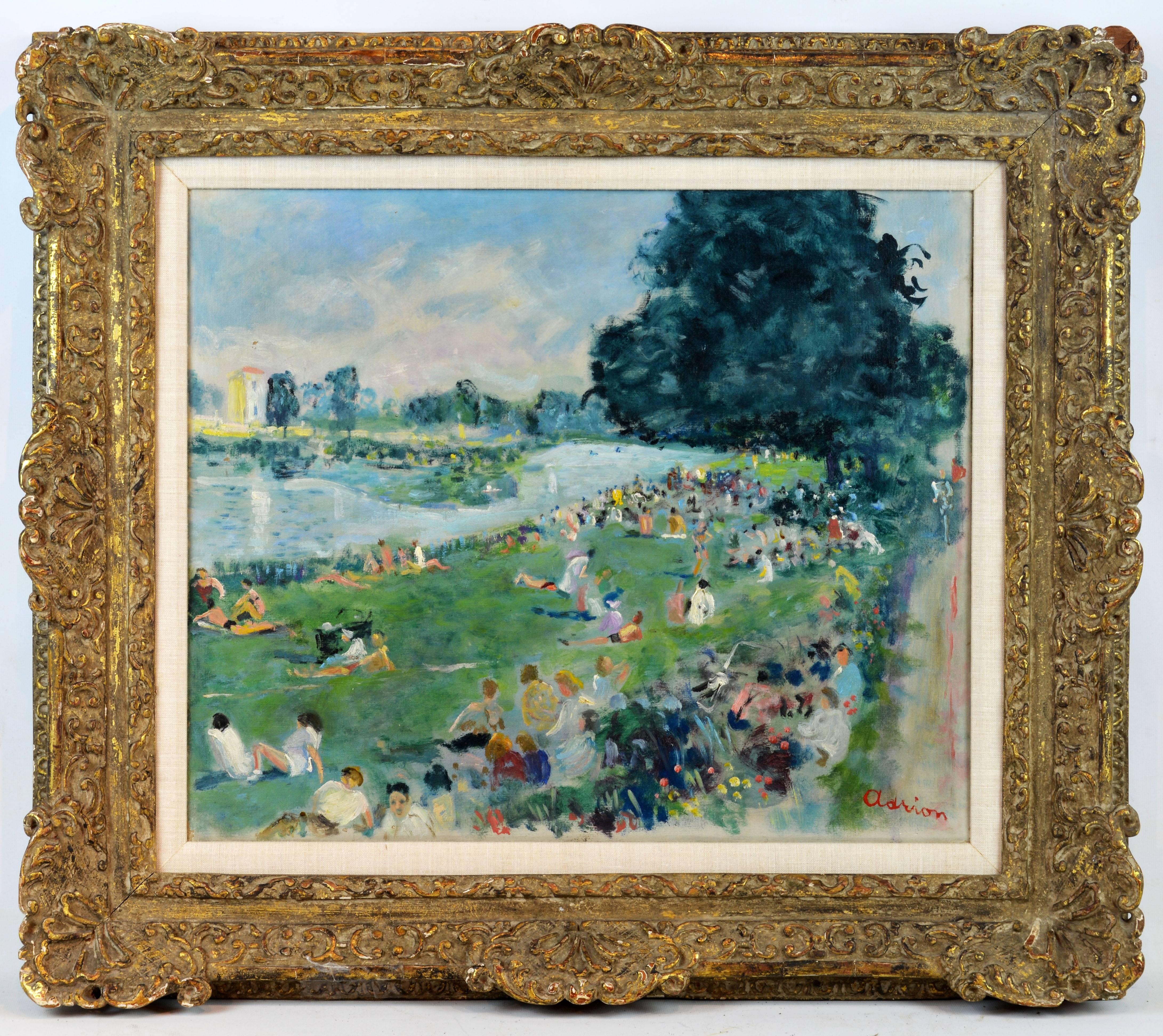 'Summer in the Park'
by Lucien Adrion, French (1889-1953)
18 x 22 in. without frame, 26 x 30 including frame
Oil on canvas, signed
Housed in a barbizon style gallery frame.

Lucien Adrion:
With international auction records up to $104,500 (29