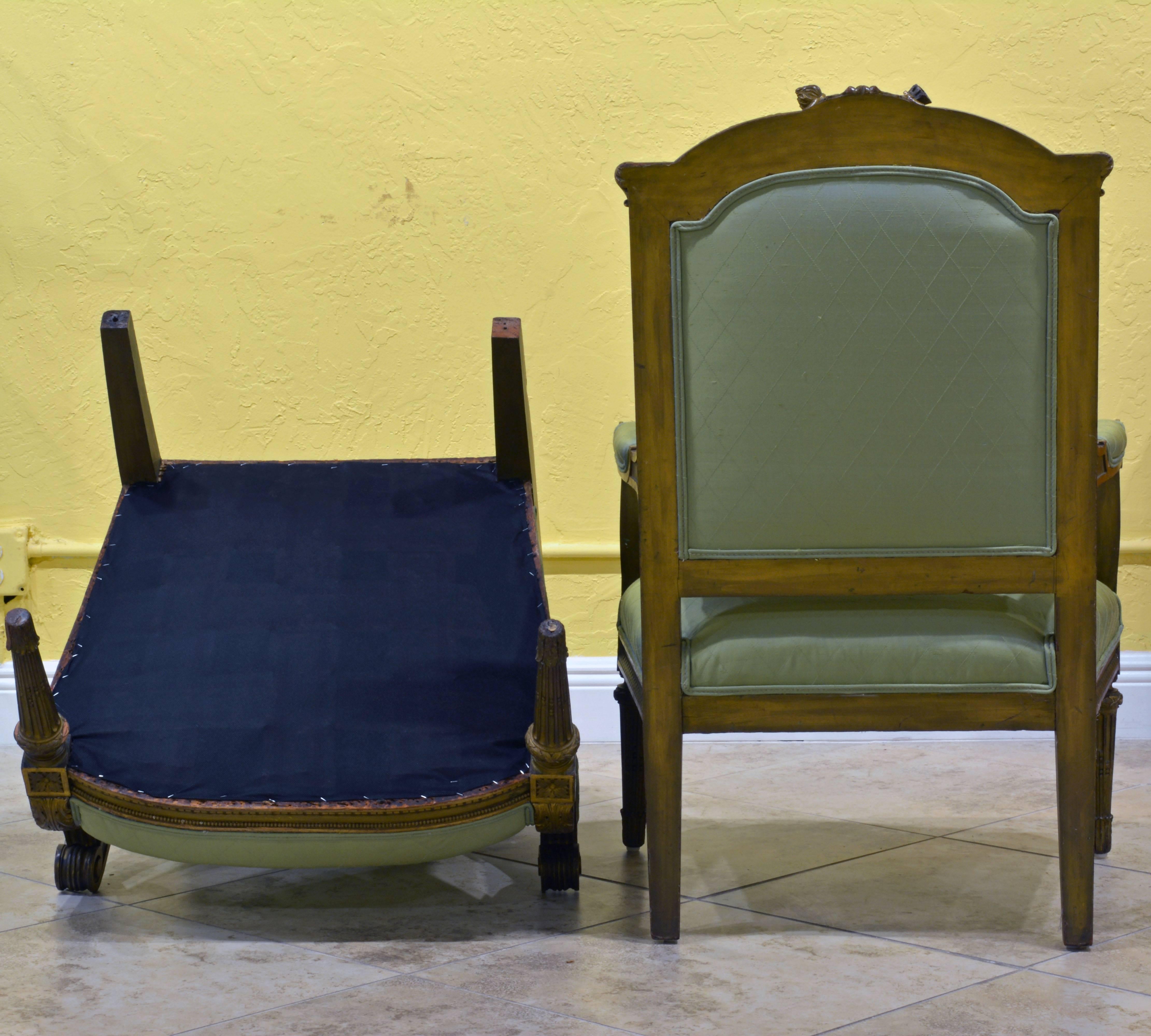 Pair of French, Louis XVI Style Carved and Parcel-Gilt Satin Covered Armchairs In Good Condition In Ft. Lauderdale, FL