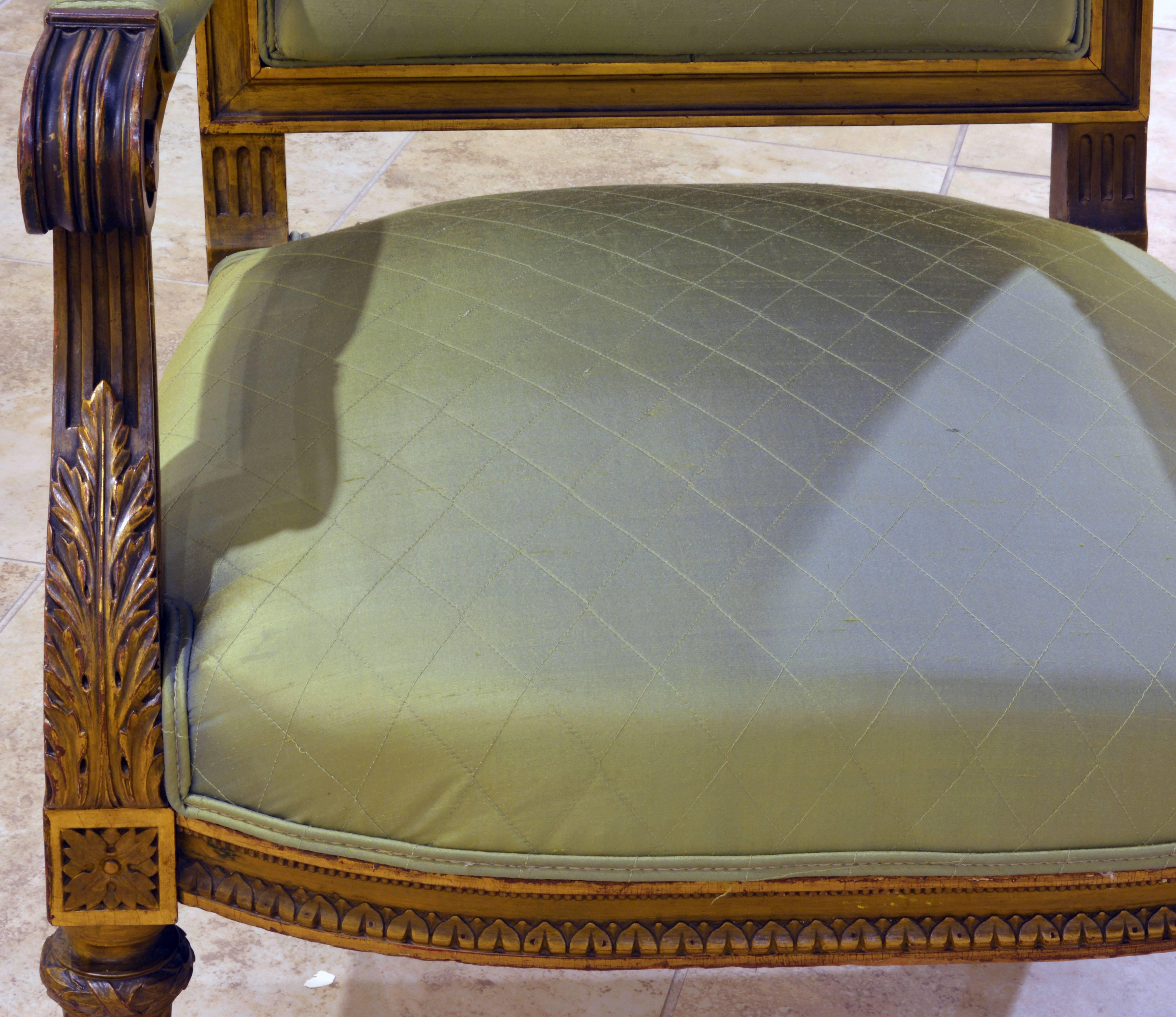 Pair of French, Louis XVI Style Carved and Parcel-Gilt Satin Covered Armchairs 2