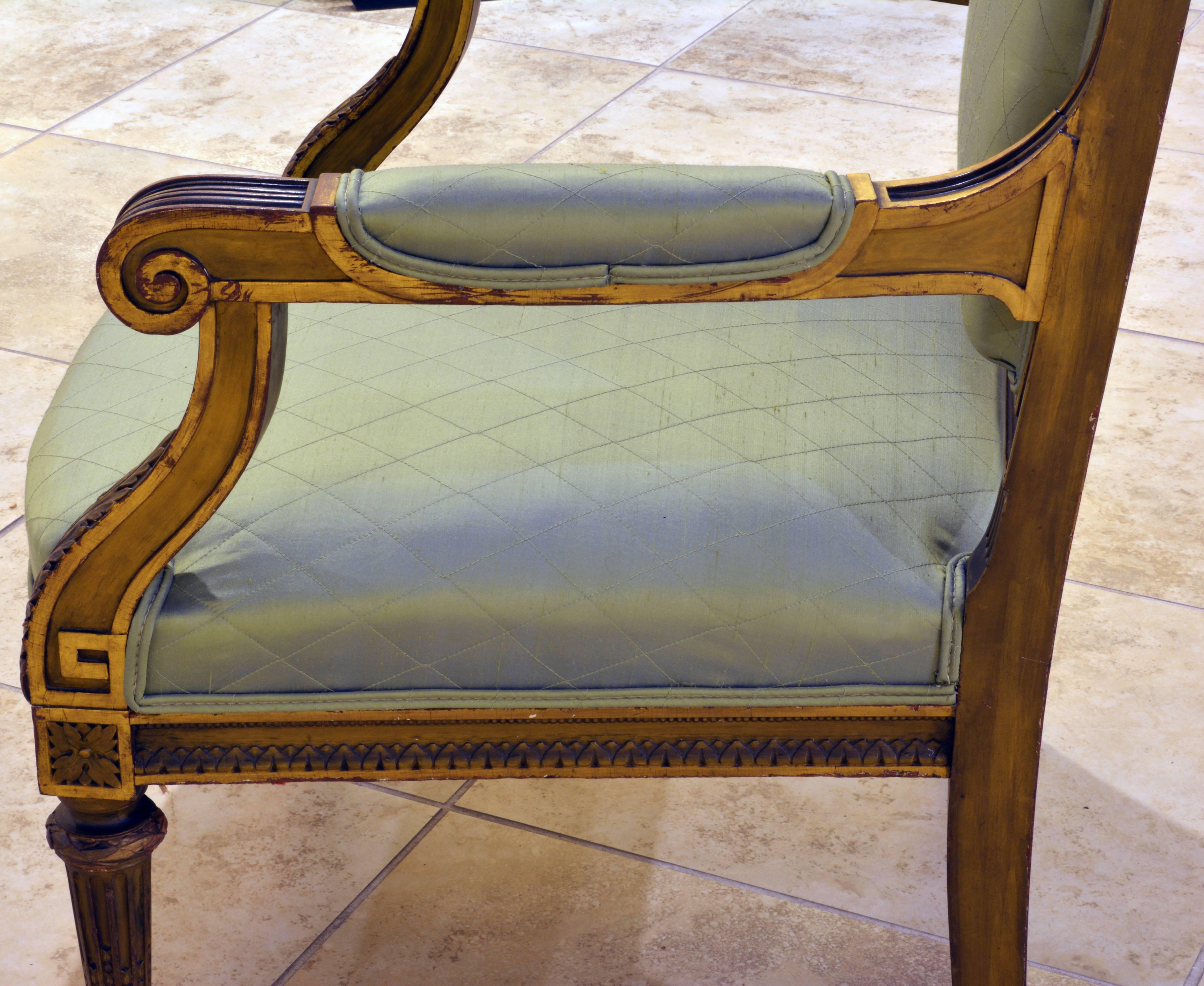 Pair of French, Louis XVI Style Carved and Parcel-Gilt Satin Covered Armchairs 1