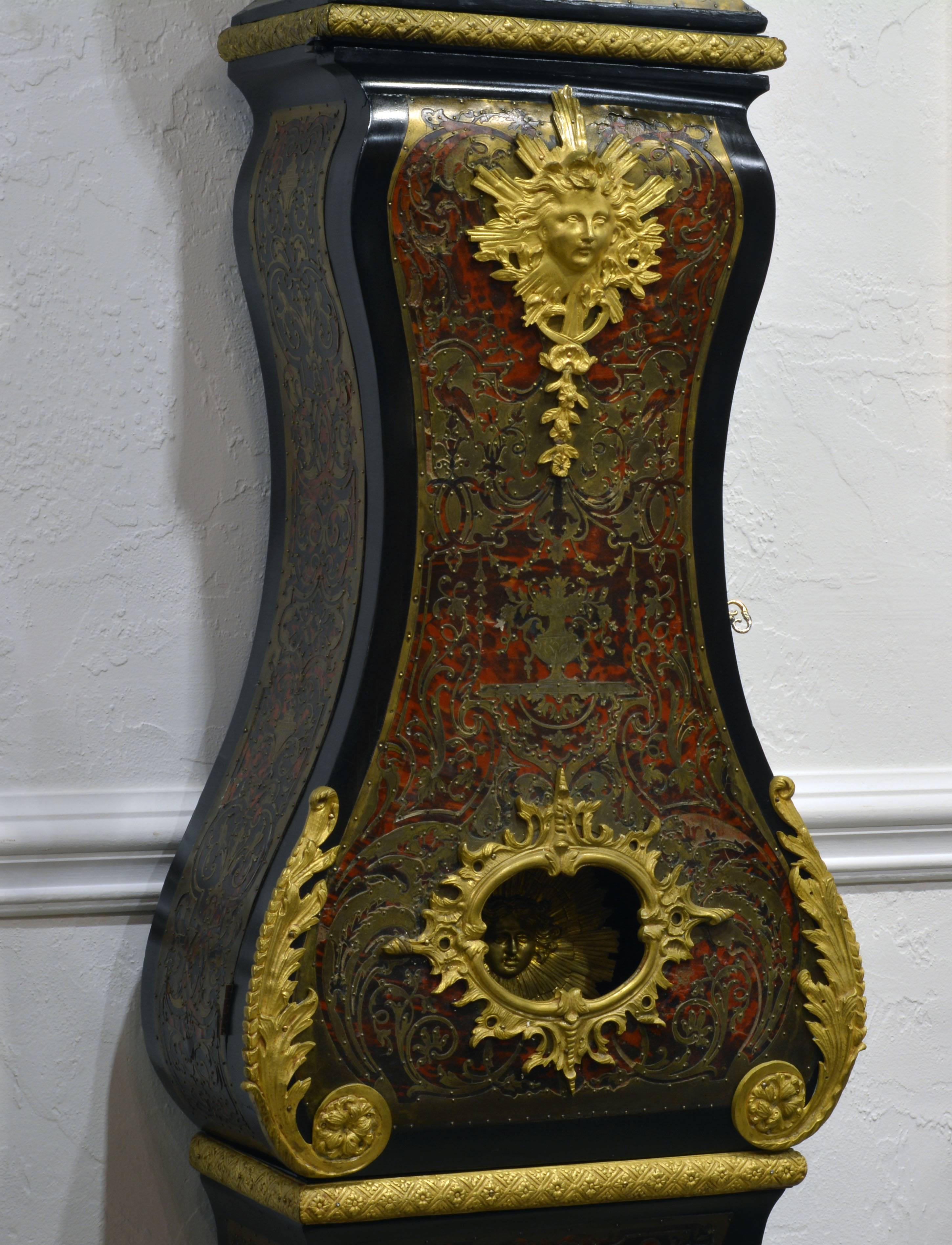 French Fine 19th Century Napoleon III Boulle Marquetry Inlaid Bombe Long Case Clock