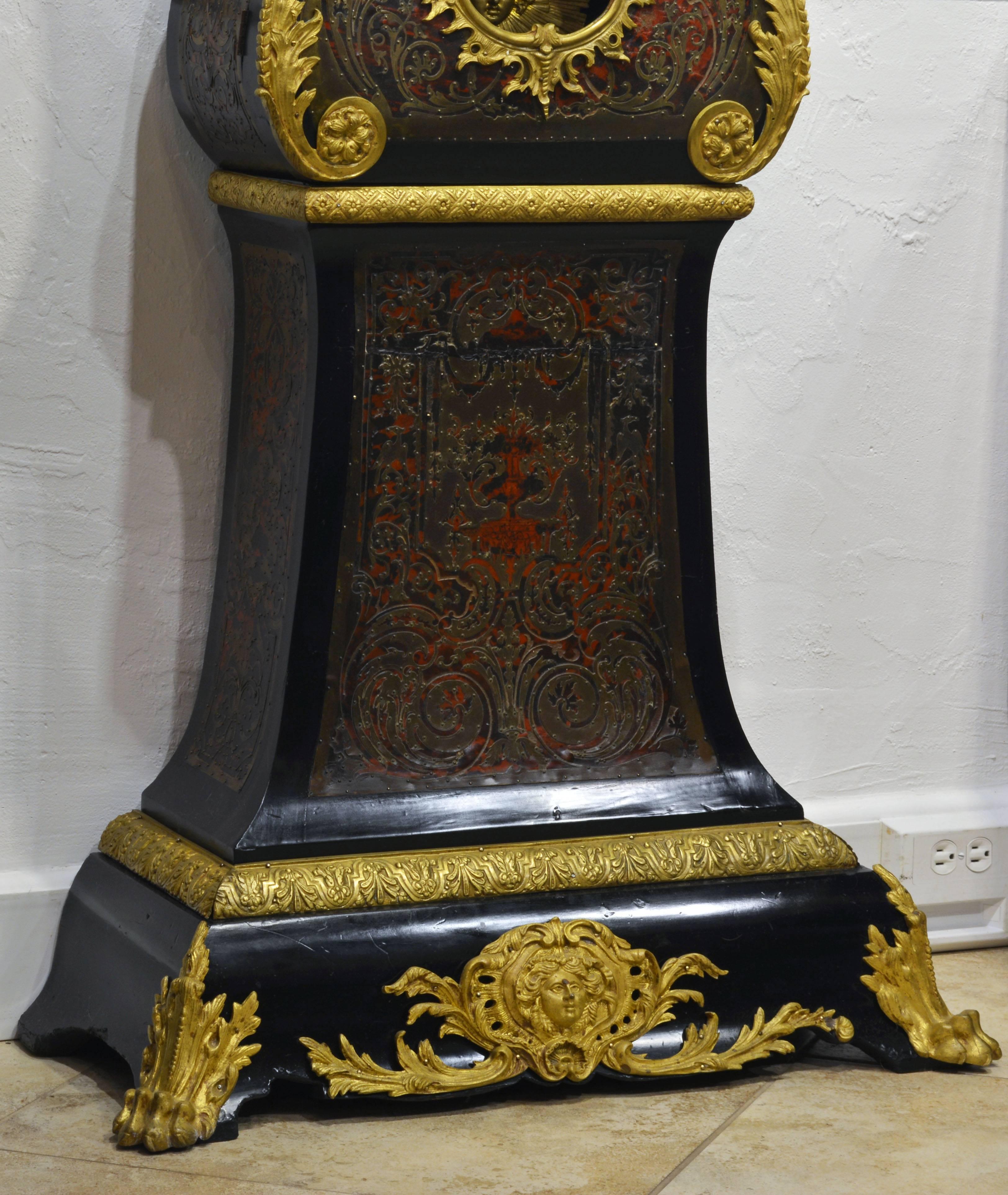 Enameled Fine 19th Century Napoleon III Boulle Marquetry Inlaid Bombe Long Case Clock