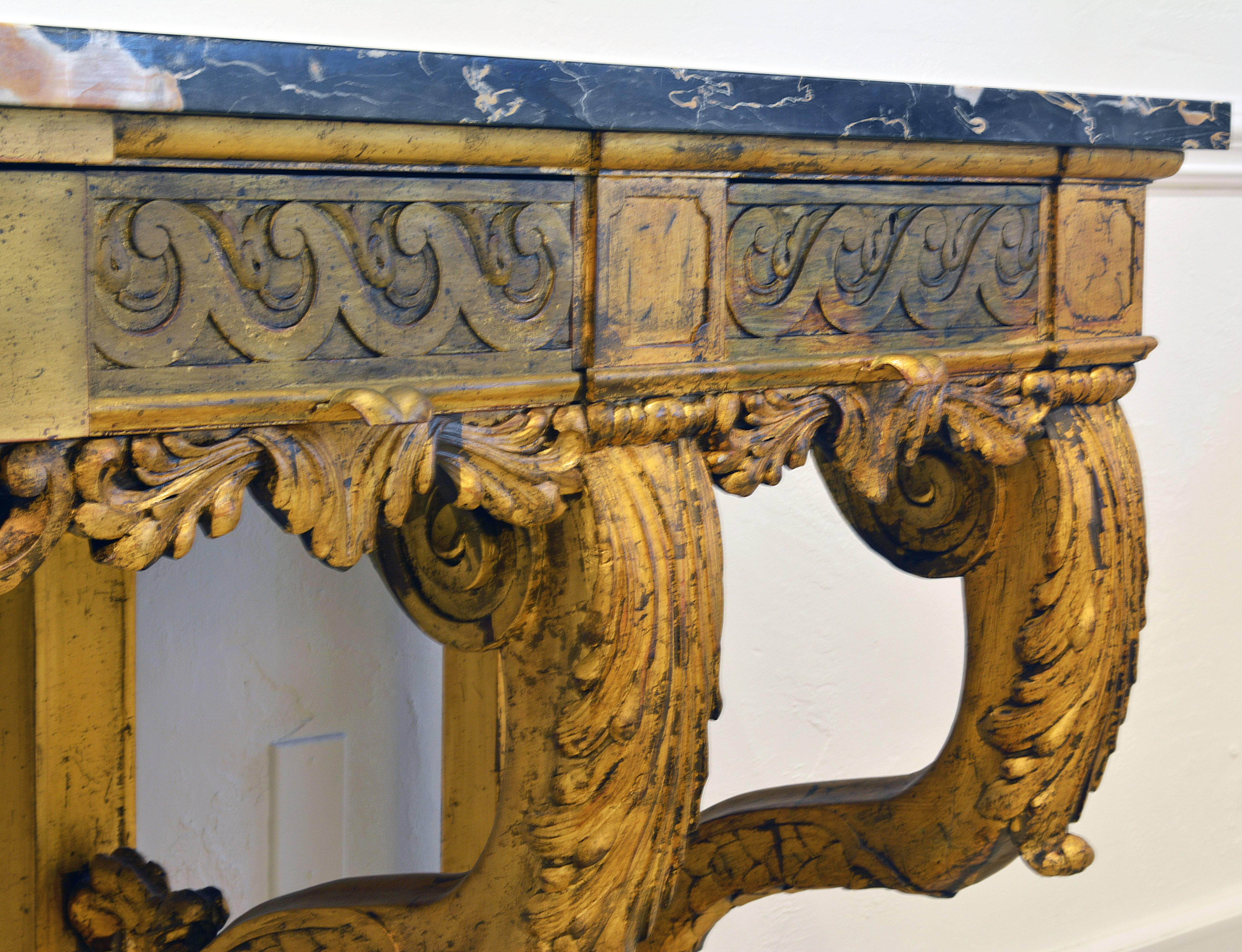 Neoclassical Palatial Early 20th Century Italian Carved Giltwood and Marble-Top Console Table